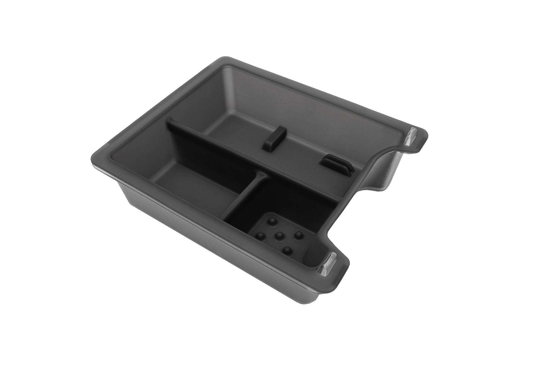 A rectangular plastic tray from JOWUA, designed with divided sections and a handle, made from premium hybrid material. This gray Center Console Tray Organizer is ideal for efficiently arranging items in your Tesla Model 3 or Y.