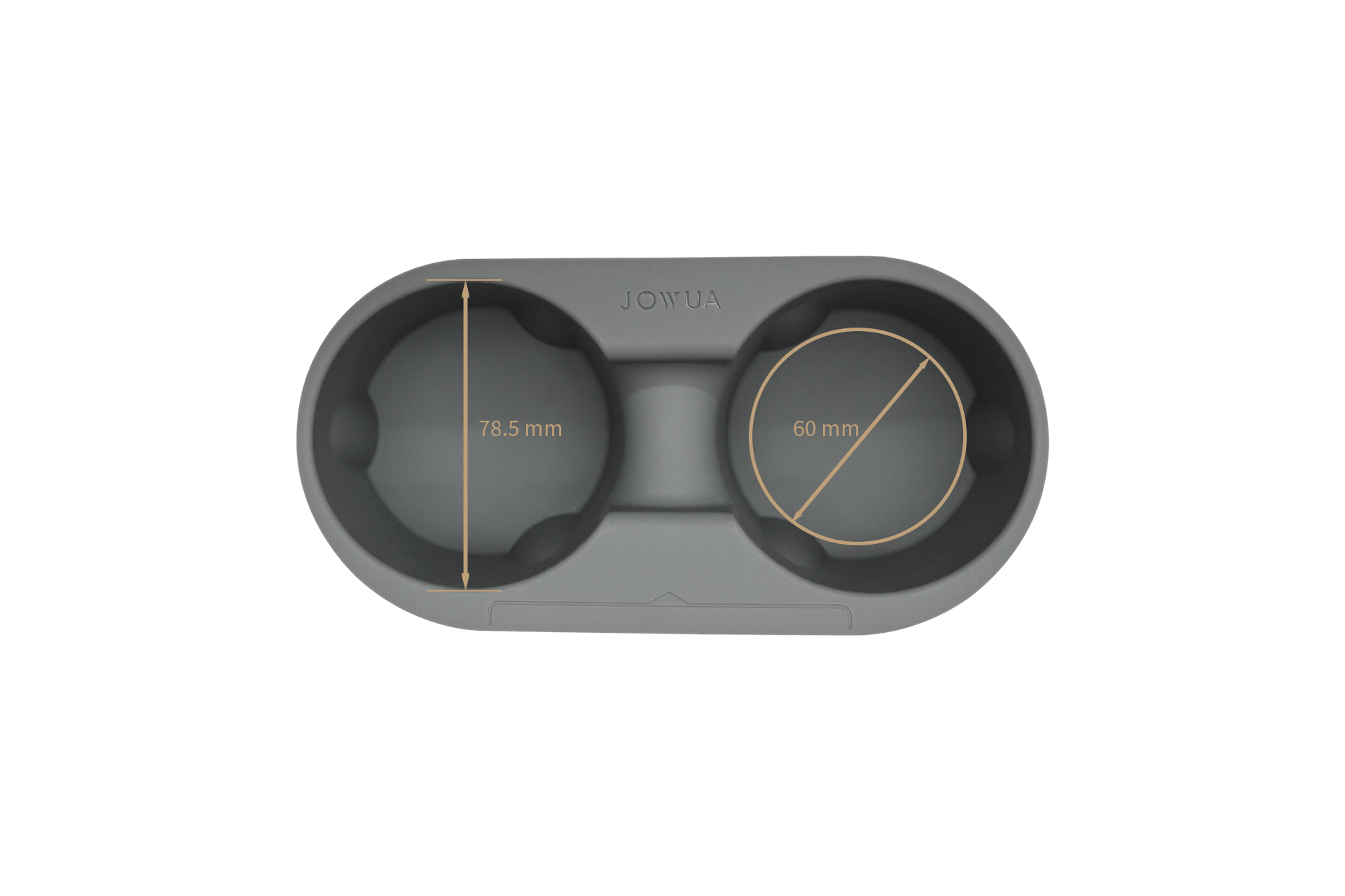 Top view of the JOWUA Cup Holder Set for Tesla Model 3 / Y, crafted from premium silicone and designed with embossed measurements for diameters of 78.5 mm and 60 mm. The gray dual cup sections are easy to clean, making it a practical accessory for your ride.