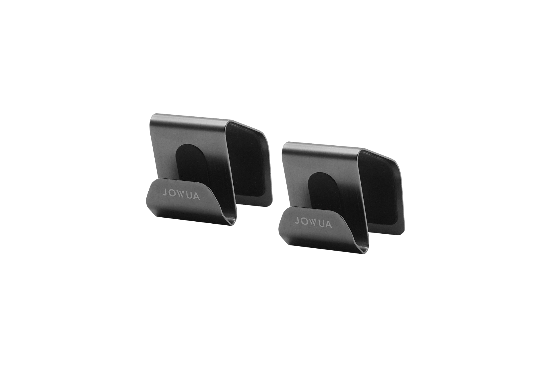 A pair of stylish black metal cable holders featuring the "JOWUA" branding, designed to keep electronic cables neatly organized. Their sleek design beautifully complements the interior of a Tesla Model 3/Y.