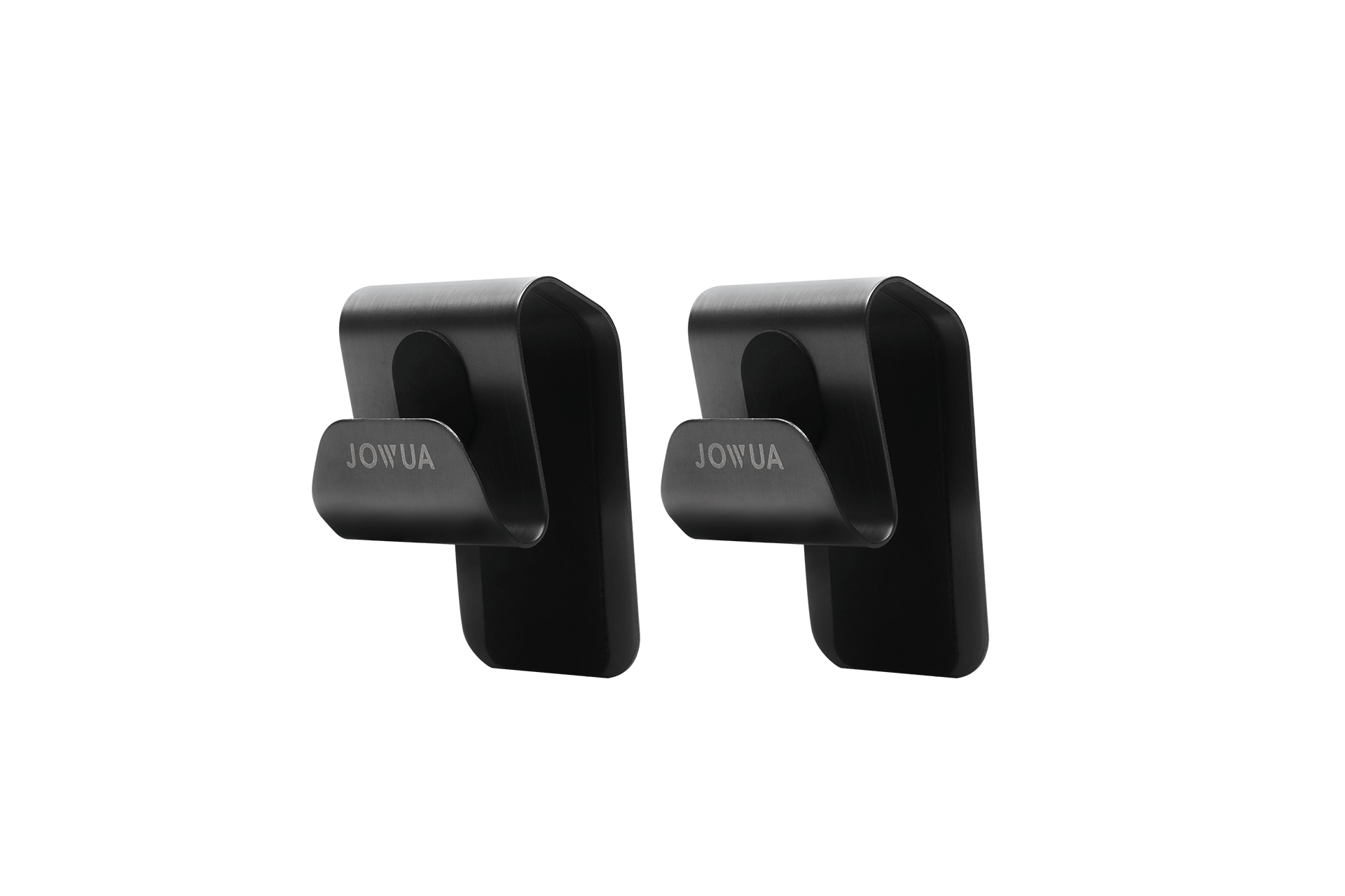 A pair of black Glovebox Hooks from the brand JOWUA, featuring a sleek and modern design, are specifically crafted for durability to enhance the interior aesthetic of Tesla Model 3/Y. Displayed side by side against a plain white background, these hooks bear the JOWUA branding.