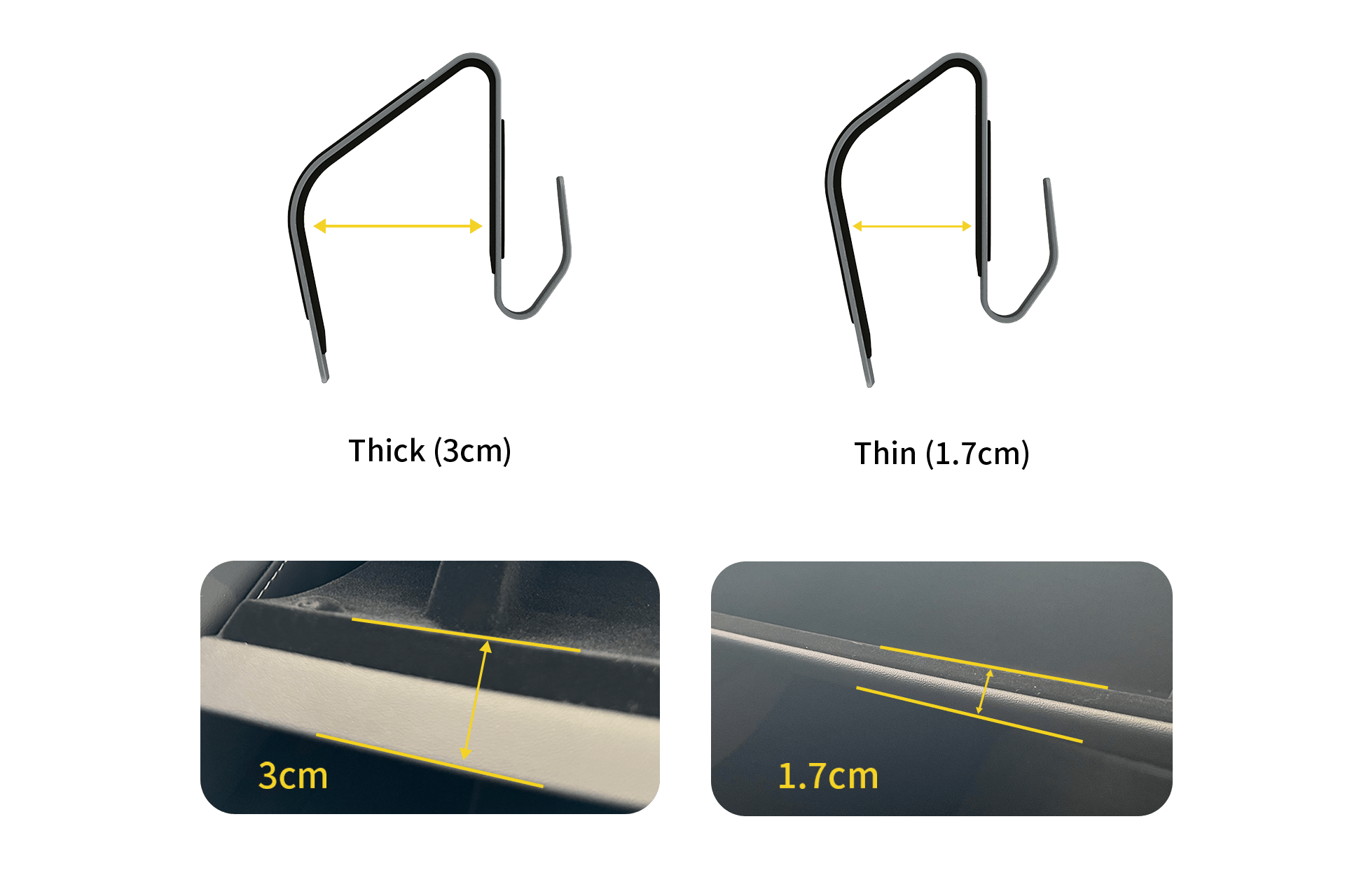 A diagram contrasts two hooks: on the left, labeled "JOWUA Glovebox Hook for Tesla Model 3/Y," and on the right, "Legacy." Below, photos illustrate measurement differences on surfaces, with the JOWUA hook at 3cm wide and the Legacy at 1.7cm. Yellow lines highlight measurements, emphasizing a stainless steel durability in design.