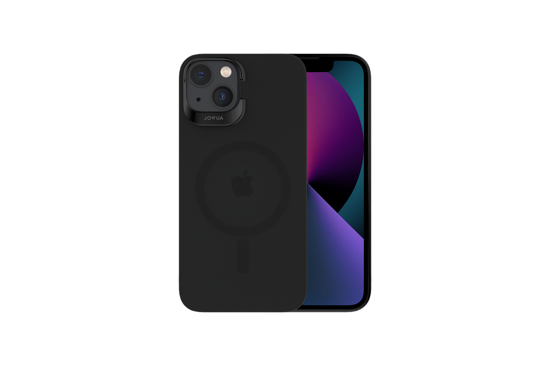 A smartphone equipped with a dual camera setup is partially encased in a sleek black JOWUA case, designed for the iPhone 15/14/13 series, featuring an Apple logo and precise camera cut-out. Enabled with MagSafe wireless charging capability, the phone screen showcases a vibrant abstract wallpaper in shades of purple, blue, and black.