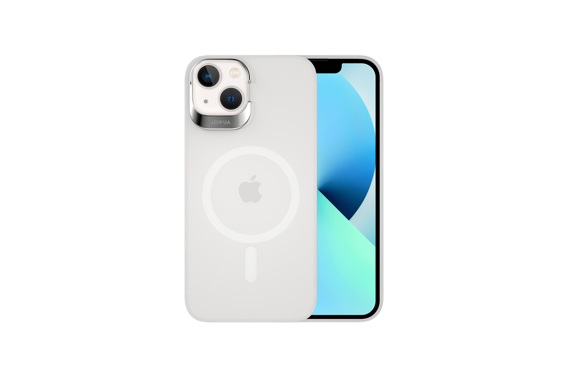 The iPhone 15/14/13 Series Case by JOWUA, designed for use with a Tesla Car Mount and featuring MagSafe capabilities, elegantly displays its circular design in the clear case. The front features a striking gradient blue and green wallpaper, while the back highlights the camera lenses along with a subtle Apple logo within its refined design.