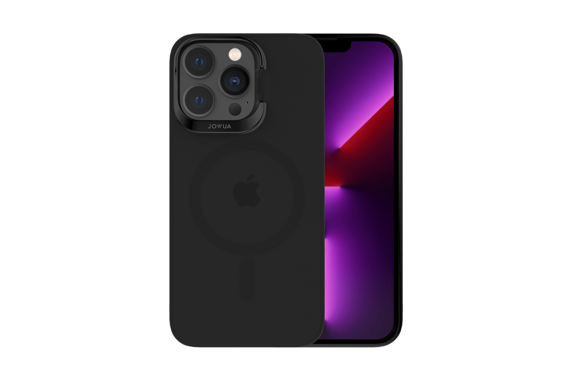 Displayed in a sleek, black design, the JOWUA iPhone Case perfect for the Tesla Car Mount with MagSafe compatibility showcases three camera lenses and a logo from the back. The brightly lit front screen features a purple background.