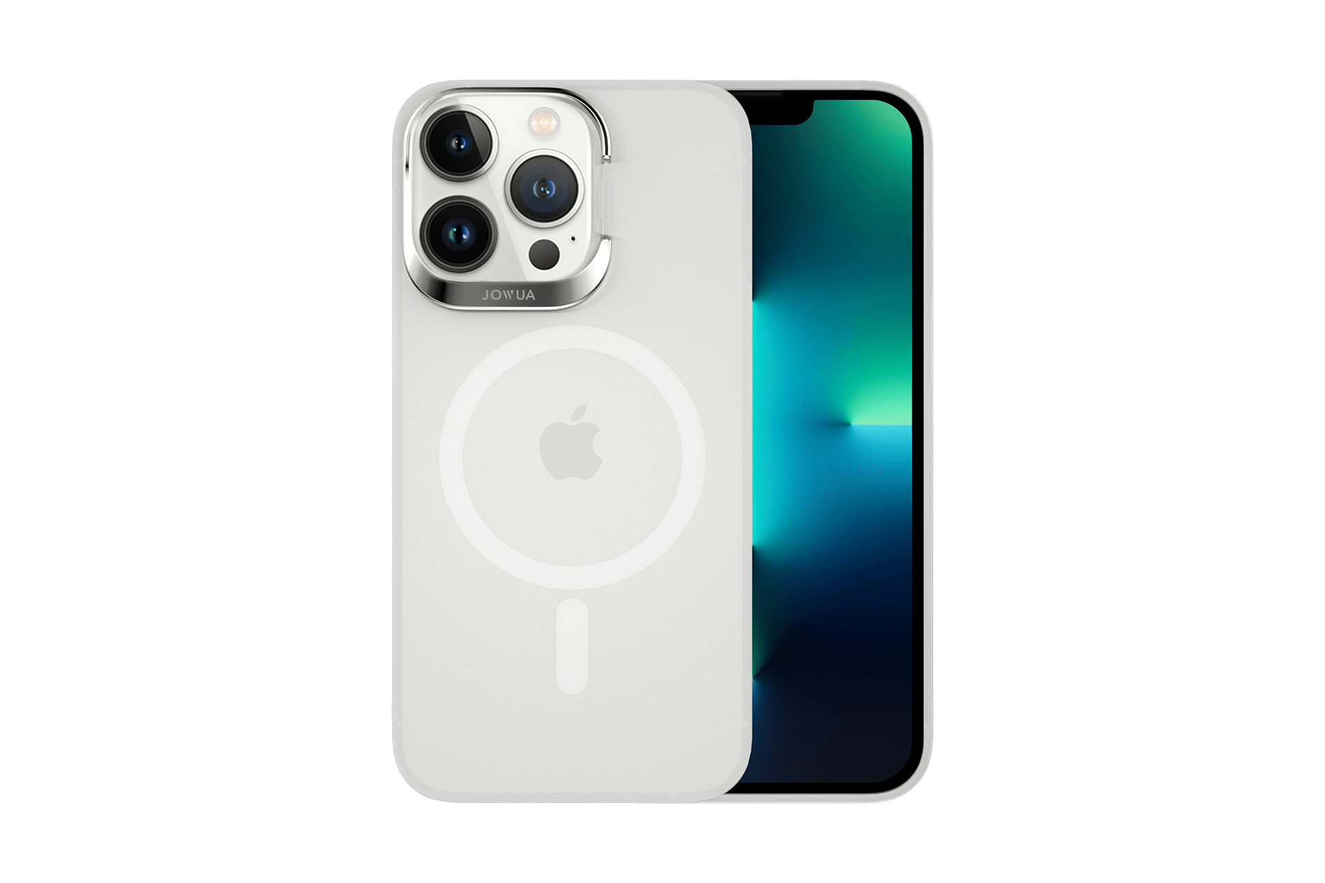 A smartphone with a sleek metal finish on the back, featuring three camera lenses and an Apple logo. The screen displays a gradient of green and blue. Complemented by JOWUA's iPhone Case for Tesla Car Mount with MagSafe, designed for the iPhone 15/14/13 series, which offers wireless charging capabilities in a stylish white circular design, this phone exudes elegance.