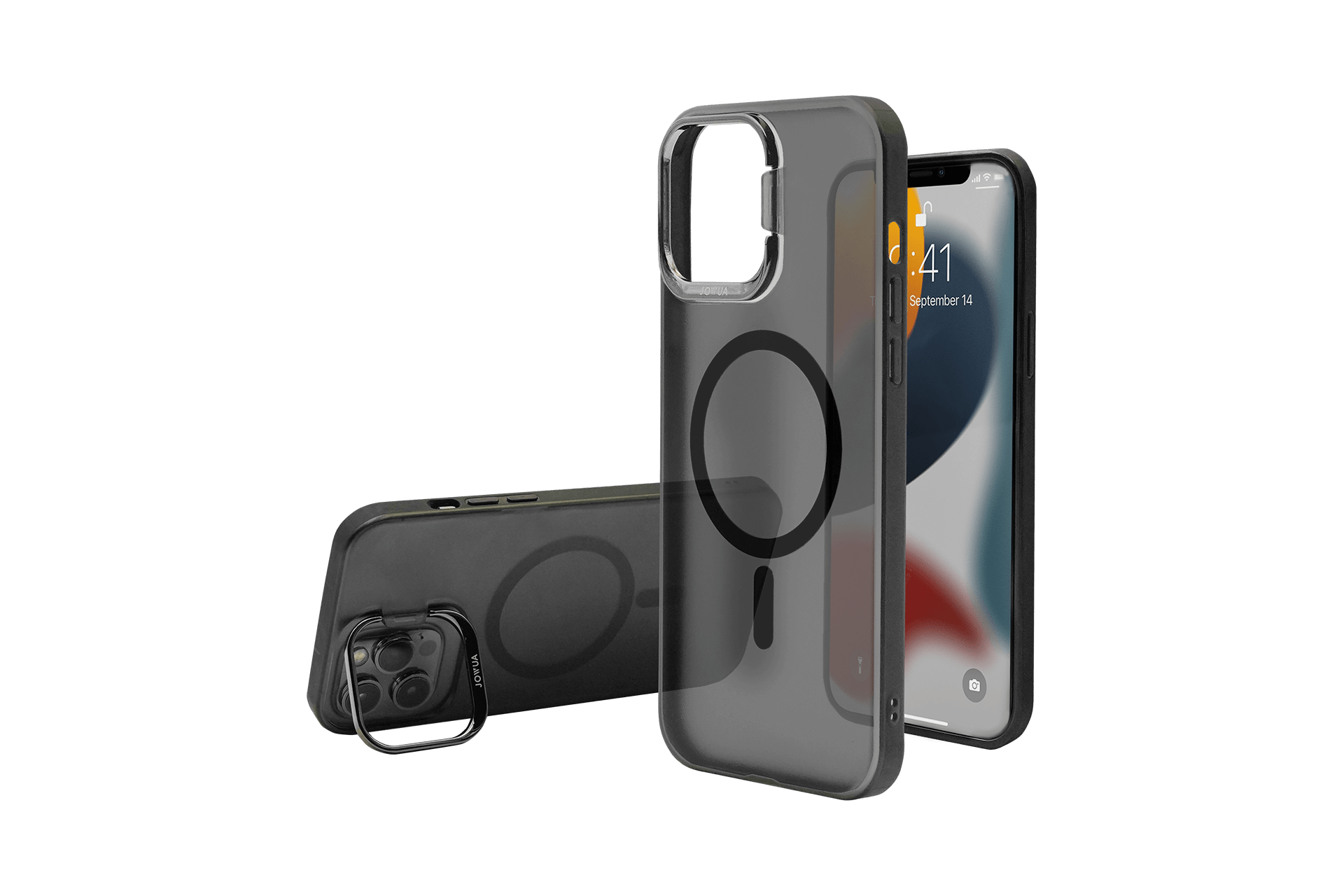 The image showcases an iPhone with a vibrant display next to the JOWUA iPhone Case for Tesla Car Mount with MagSafe, designed for the iPhone 15/14/13 series. The case features a circular design, camera cutout, and kickstand functionality. While the phone stands upright, the case is displayed from multiple angles to highlight its details.