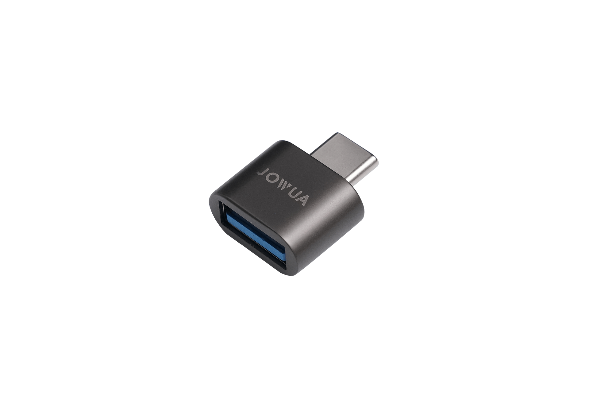 A compact USB-C to USB-A adapter, branded with "JOWUA," features a metallic gray finish and offers seamless data synchronization through its USB 3.0 port for connectivity, making it ideal for TeslaConnect compatibility.