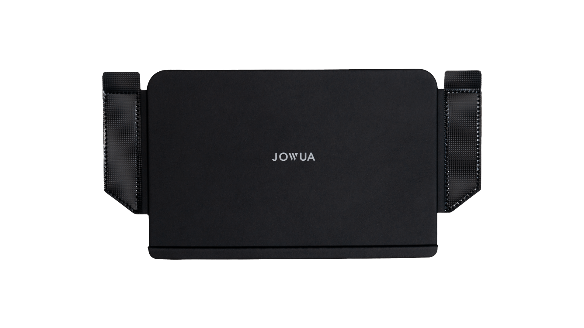 A sleek black stand with "JOWUA" printed in white on its surface, featuring adjustable arms to securely hold your phone or tablet. It's an ideal accessory for Tesla Model Y owners looking to enhance their vehicle's interior aesthetics.