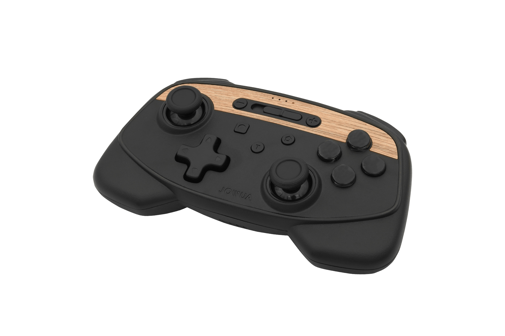 The JOWUA Tesla Gaming Controller - Multi-Device Wireless Controller (Wireless Charging) features a wood-patterned top panel with black buttons, joysticks, and a directional pad. Its ergonomic design is tailored for wireless play, providing seamless Bluetooth connectivity with Tesla-compatible entertainment systems.