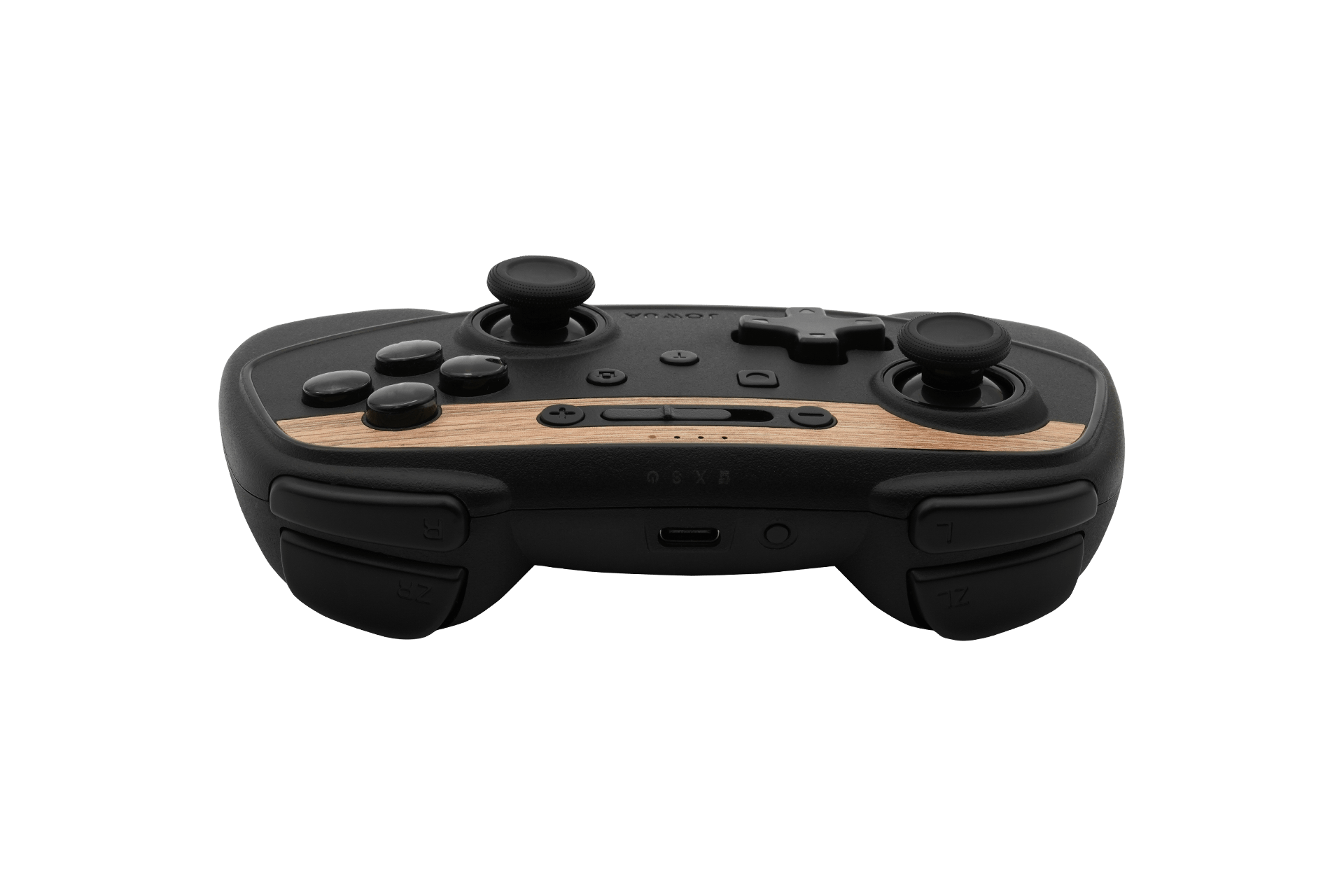 The JOWUA Tesla Gaming Controller, a sleek black device featuring a wooden accent strip across the top, offers Bluetooth connectivity and includes two analog sticks, a directional pad, various buttons, and shoulder triggers. At the bottom of this multi-device wireless controller is a charging port optimized for wireless charging.