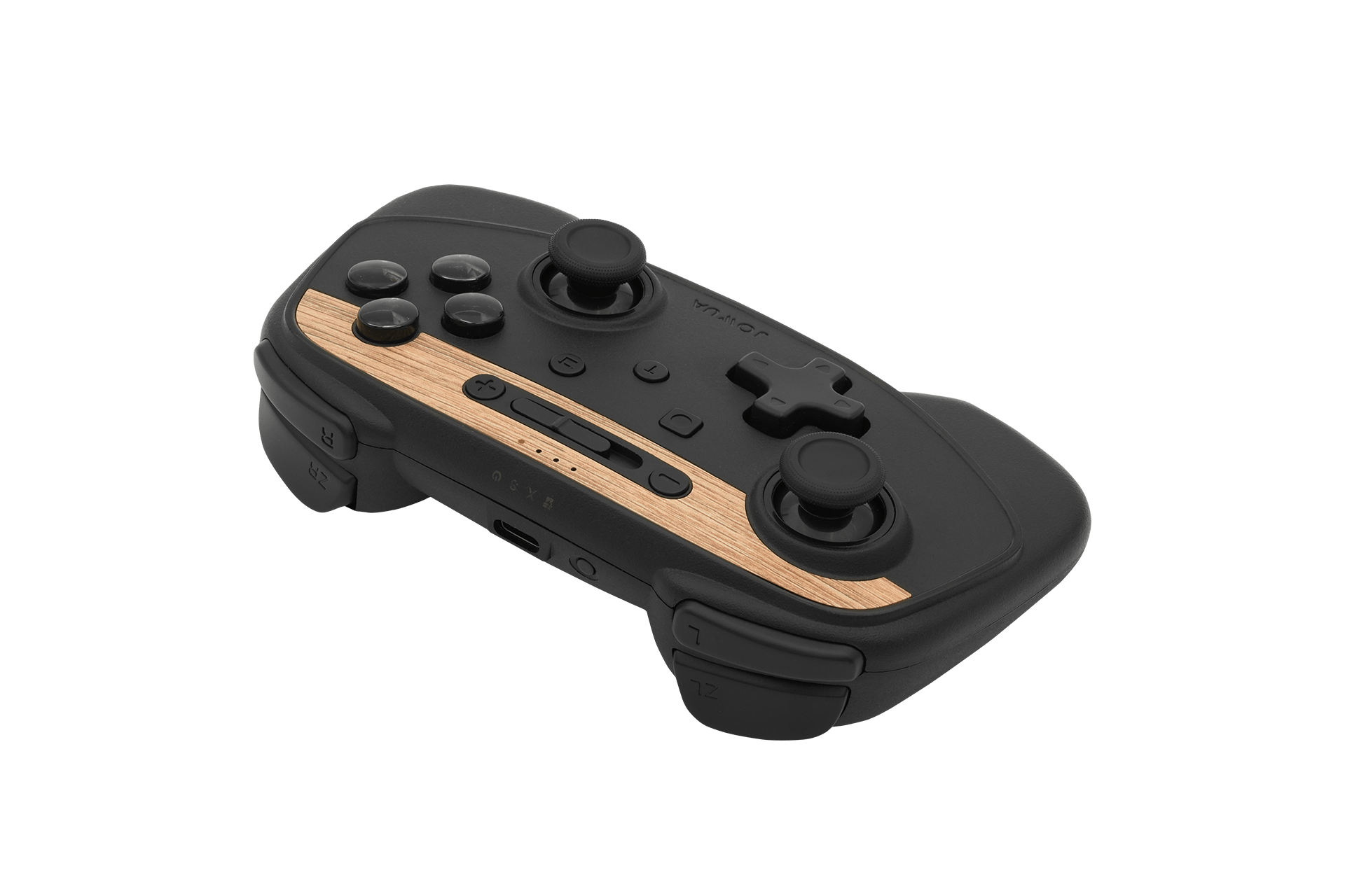 Introducing the Tesla Gaming Controller by JOWUA, a stylish black wireless controller with Bluetooth connectivity. It includes two thumbsticks, a D-pad, and multiple buttons, all elegantly set on a sleek wooden accent top panel.