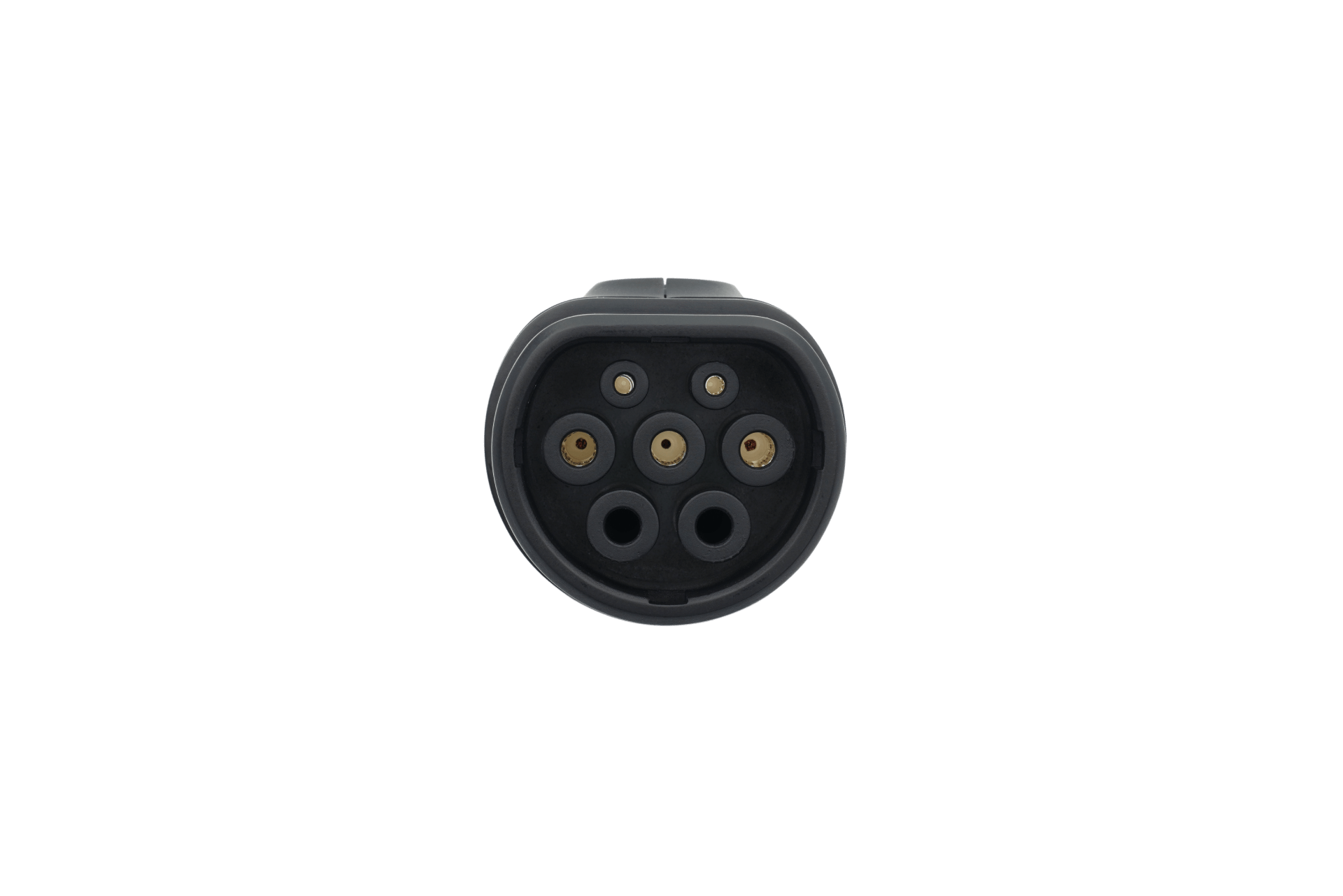 Close-up of a JOWUA TPC(NACS) to CCS2-AC (TYPE2) Adapter connector, adhering to IEC 62196-2 standards, viewed head-on. The circular connectors are arranged in a symmetrical pattern within a sleek black casing. The background is white.