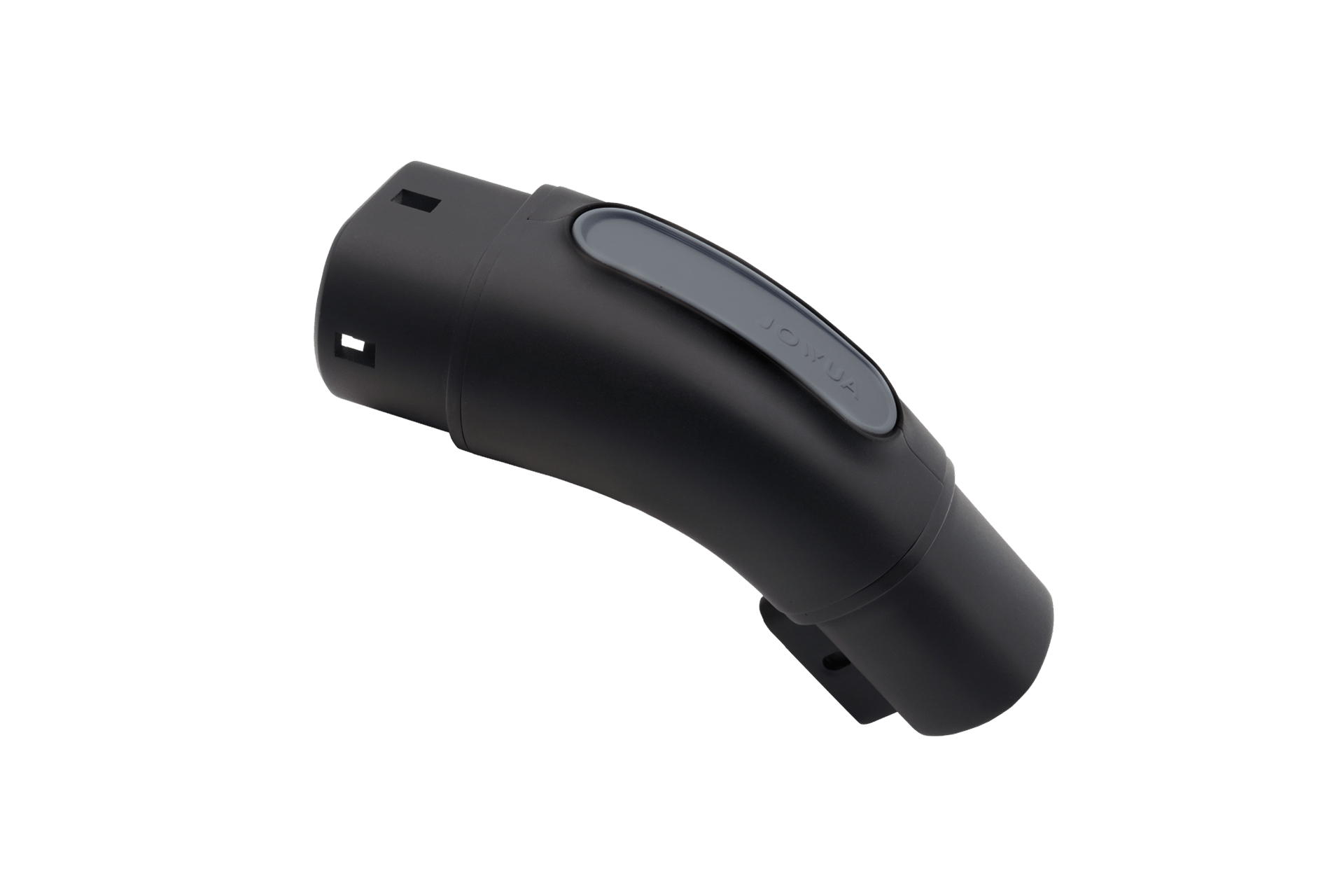 Introducing the JOWUA TPC(NACS) to CCS2-AC (TYPE2) Adapter, a black, curved charging connector featuring a sleek design with a smooth surface and a visible button on top. Resembling the IEC 62196-2 standard, it is ideal for charging devices or power supplies.