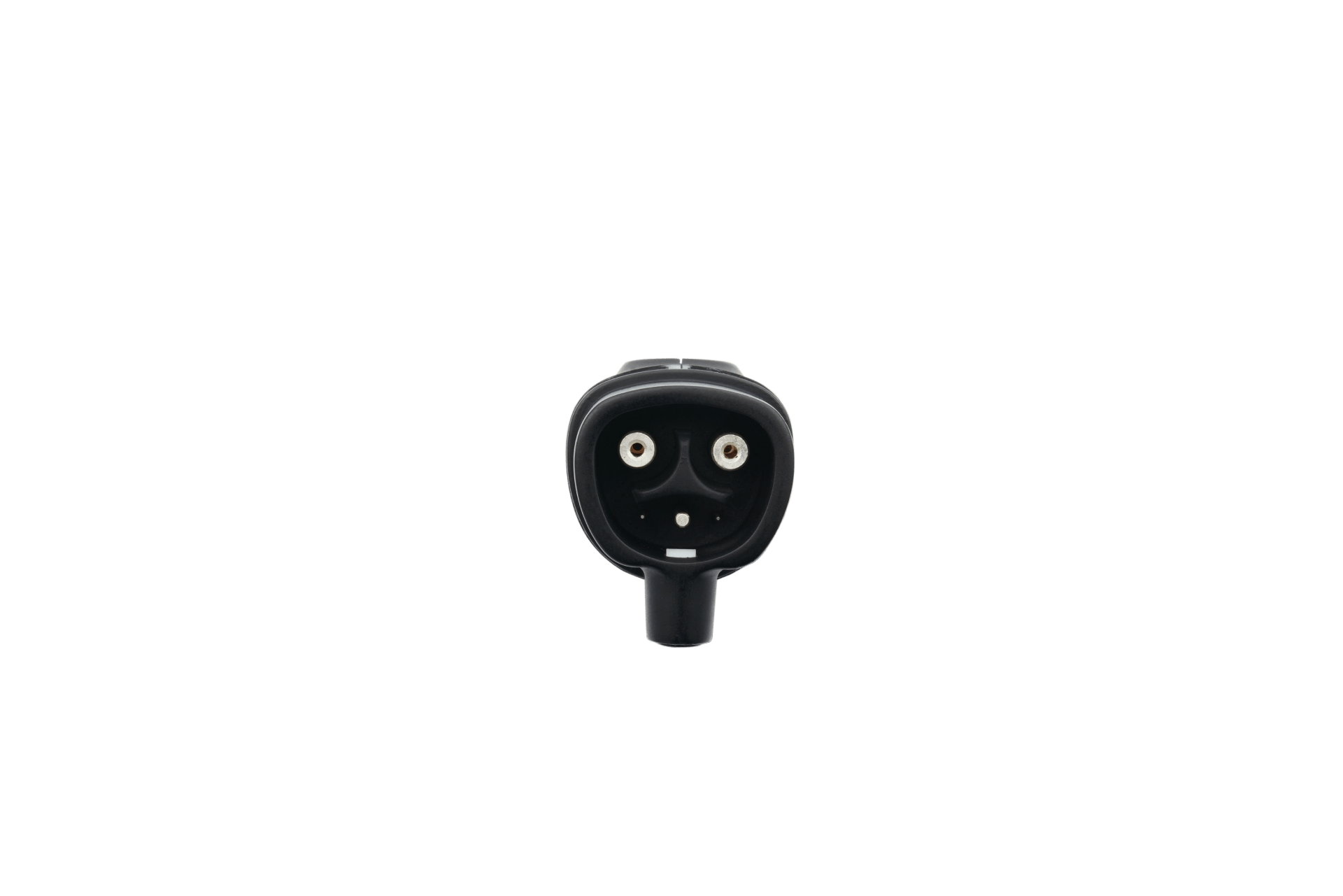 Close-up of the JOWUA TPC(NACS) to CCS2-AC (TYPE2) Adapter featuring a black plug head against a white background. The prongs and holes create a face-like appearance similar to the IEC 62196-2 charging connector.