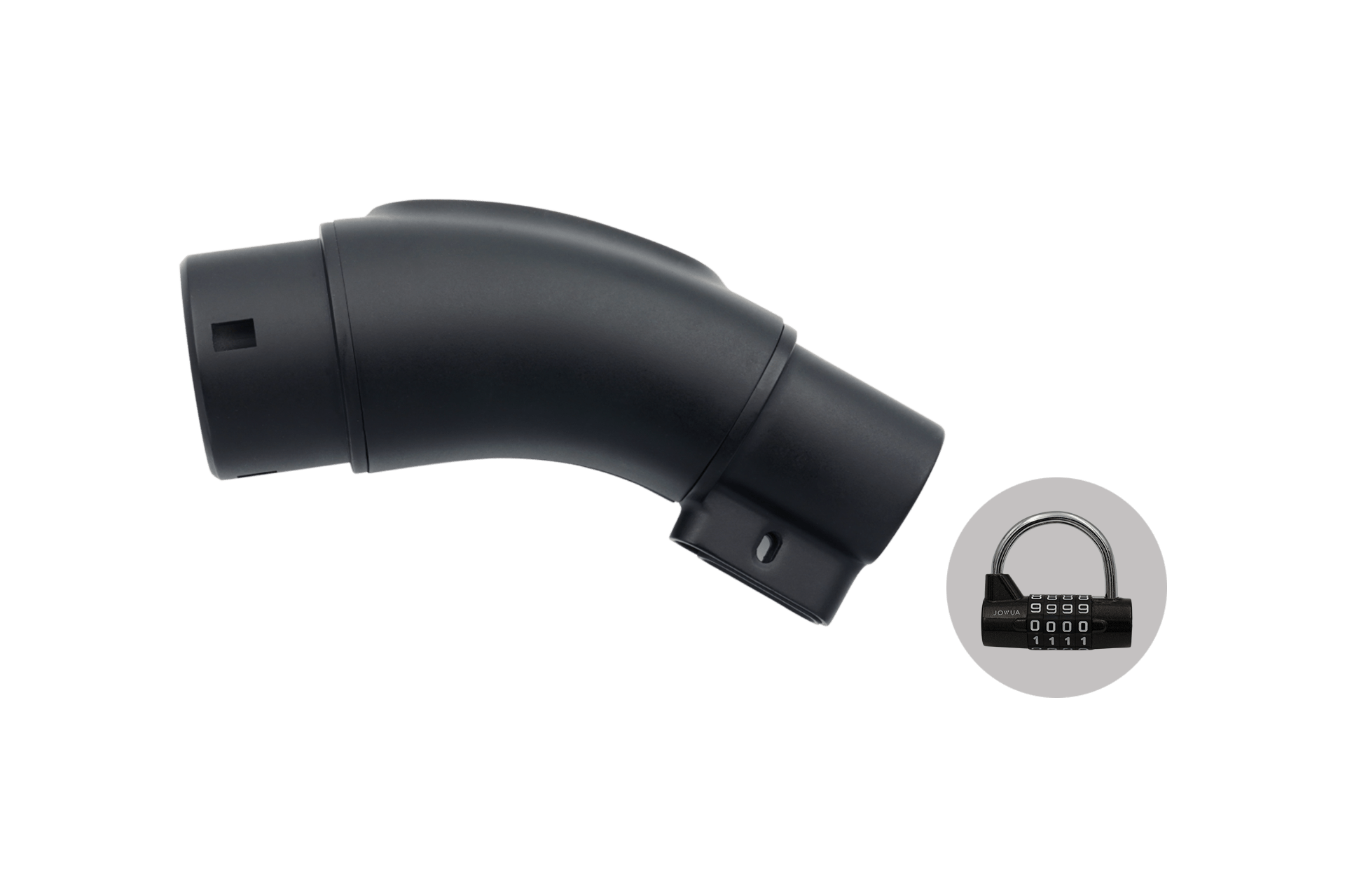 The JOWUA TPC(NACS) to CCS2-AC (TYPE2) Adapter is featured alongside a compact black combination lock, emphasizing a modern padlock design with a circular shackle and white numbers. Set against a plain white background, the minimalist image subtly evokes elements reminiscent of an IEC 62196-2 charging connector.