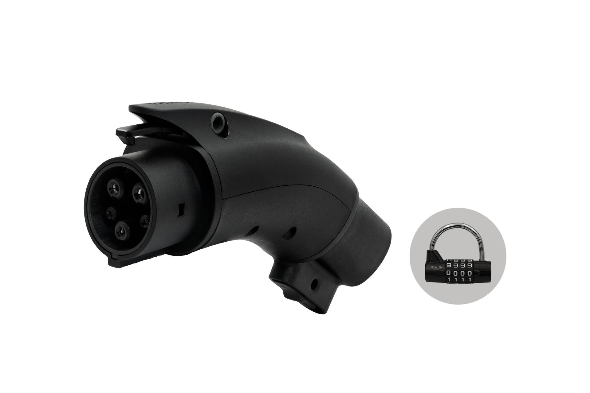 On the left, the JOWUA TPC(NACS) to J1772 Adapter, a black electric vehicle charging plug featuring multiple circular connectors for J1772 compatibility, is displayed. To the right, a padlock icon underscores security and connector durability against a plain black background.