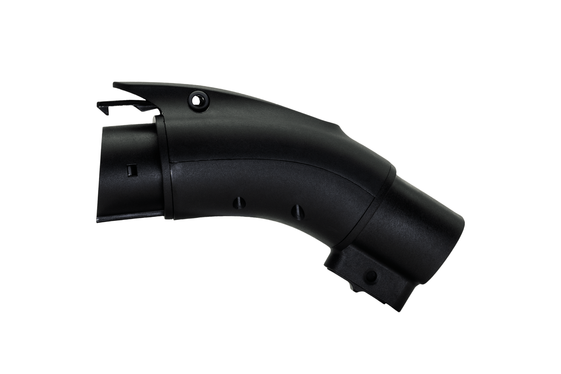 The image shows a TPC(NACS) to J1772 Adapter by JOWUA, featuring a black plastic design with a curved, tubular shape and two visible screws. It includes a ridged end and appears to serve as an AC charging connector for J1772 systems. The background is plain white.