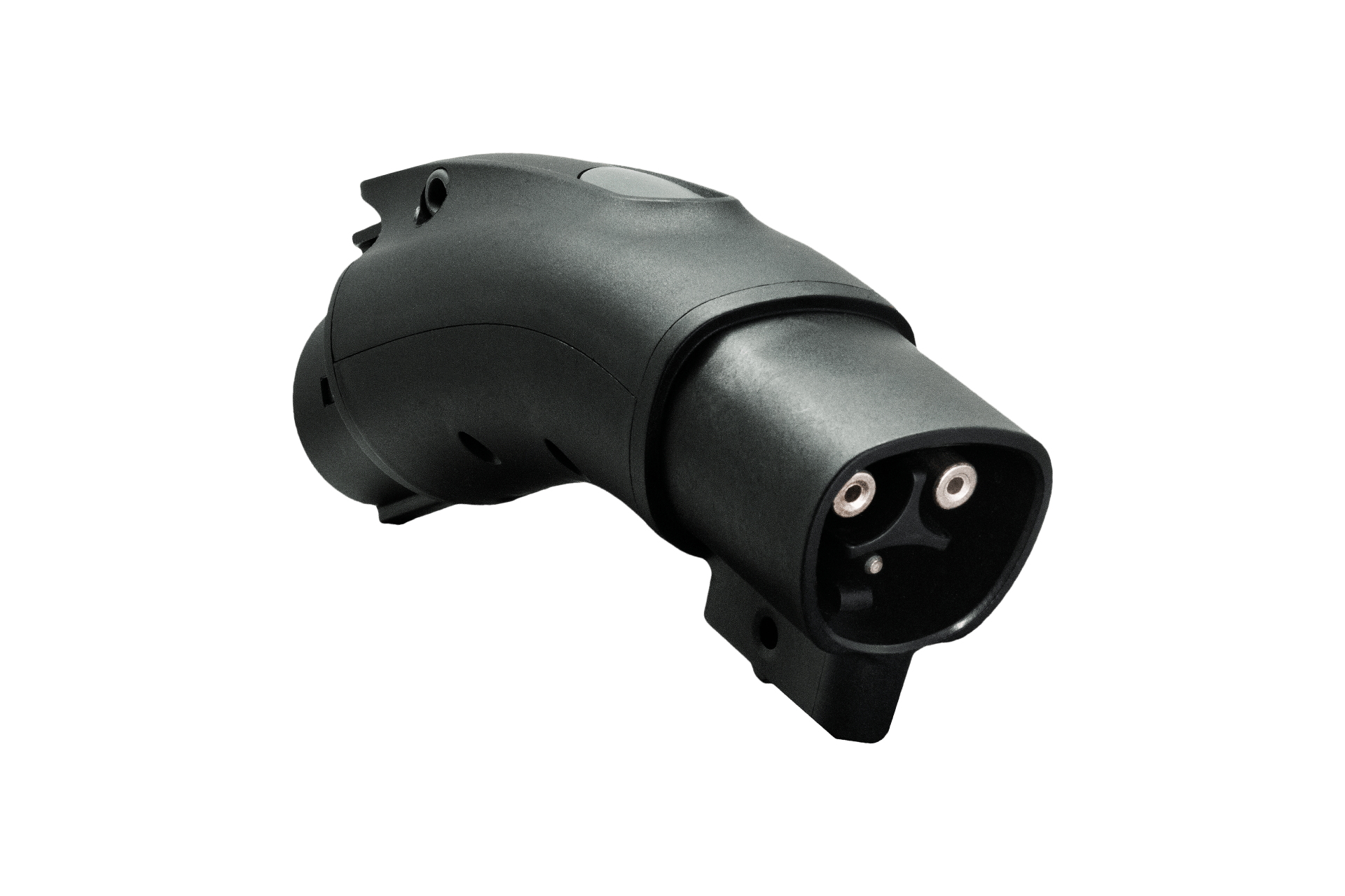 The TPC(NACS) to J1772 Adapter by JOWUA, in sleek black with a curved ergonomic design and visible connectors, emphasizes connector durability against a plain white background.