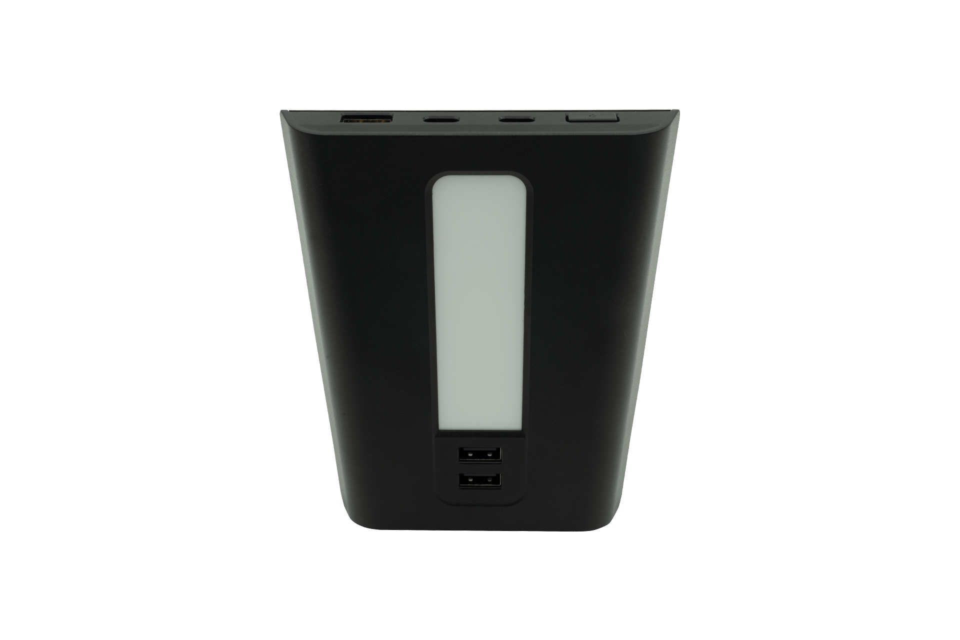 The JOWUA USB Hub for Tesla Model 3/Y is a black electronic accessory featuring a sleek rectangular white panel on the front. It includes dual USB-C ports with 45W power at the bottom and additional connection ports on the top edge, enhancing its modern design. Perfectly crafted to fit in the center console of your Tesla Model 3/Y, it also offers a warm LED light for added convenience.