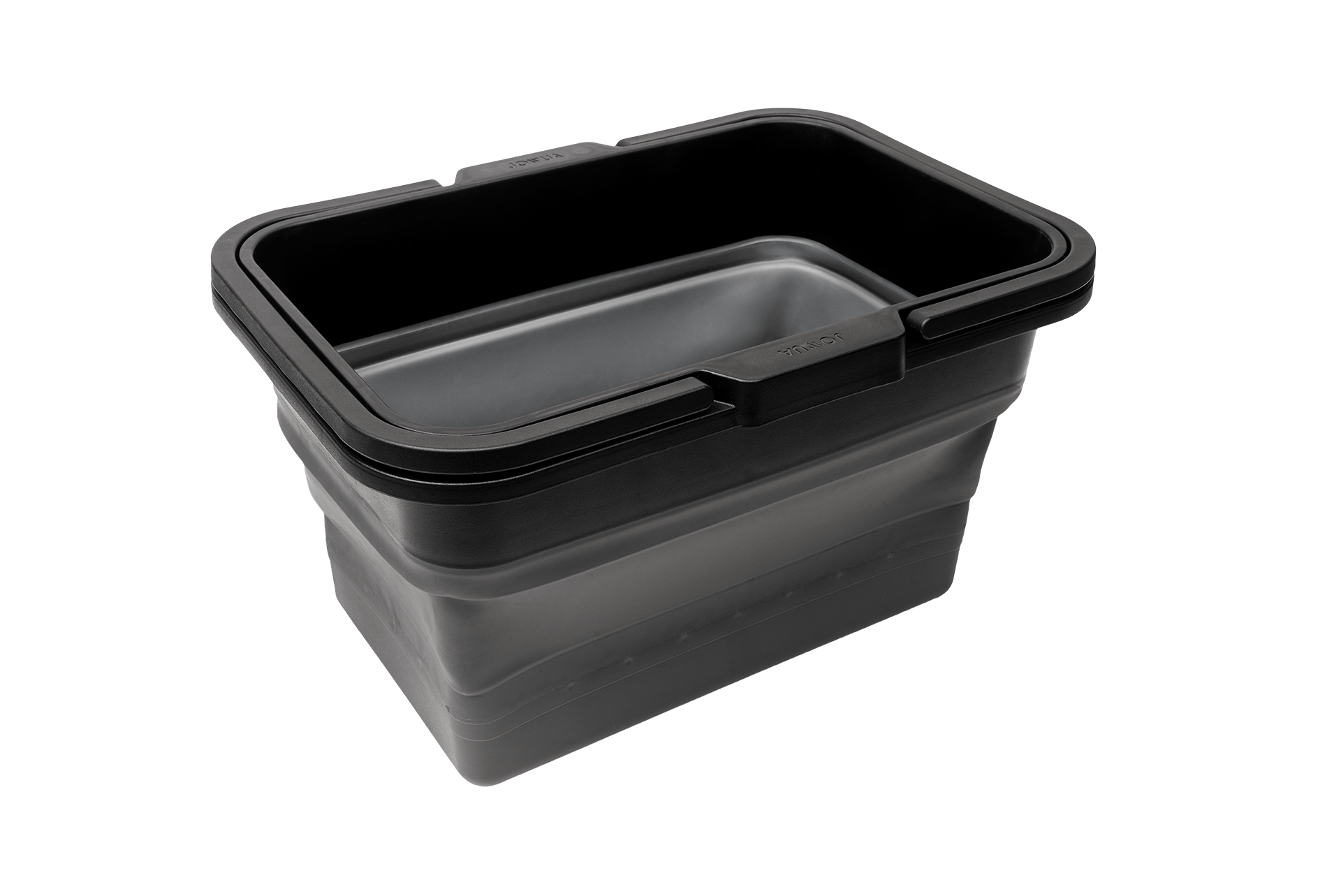 A black, rectangular plastic under-seat collapsible organizer from JOWUA, specifically designed for the Tesla Model X Y, comes with a partially removed lid that reveals its empty interior. The ribbed sides offer support and durability, making it ideal for Model Y storage needs.