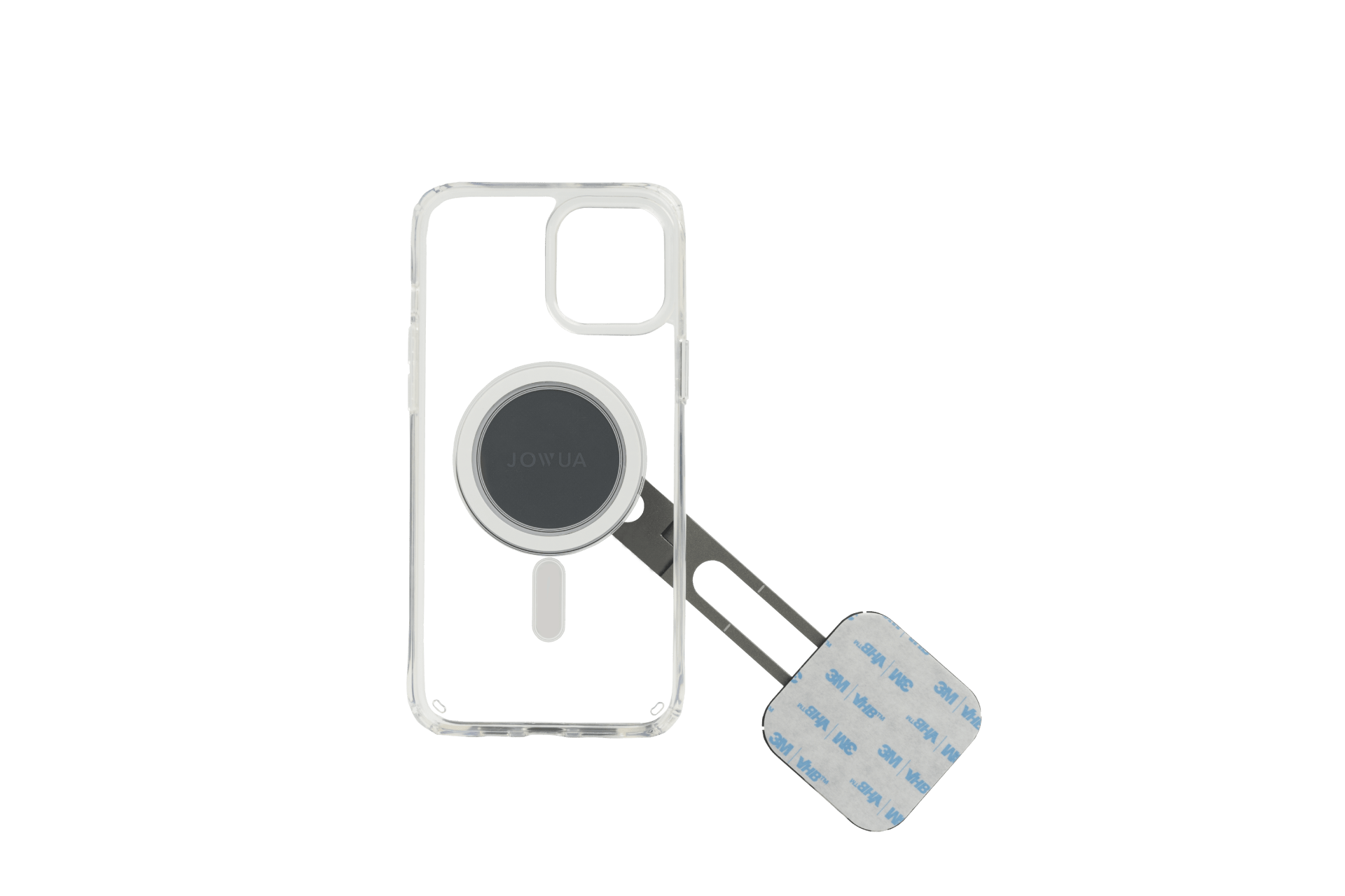 iPhone case designed by JOWUA featuring a circular magnetic mount. It's compatible with MagSafe car mounts and comes tailored for the Model Y or Model 3 Tesla, specifically fitting the iPhone 11/12 series. The package includes an additional magnetic strip and square adhesive pad, ensuring seamless wireless charging, all showcased on a white background.