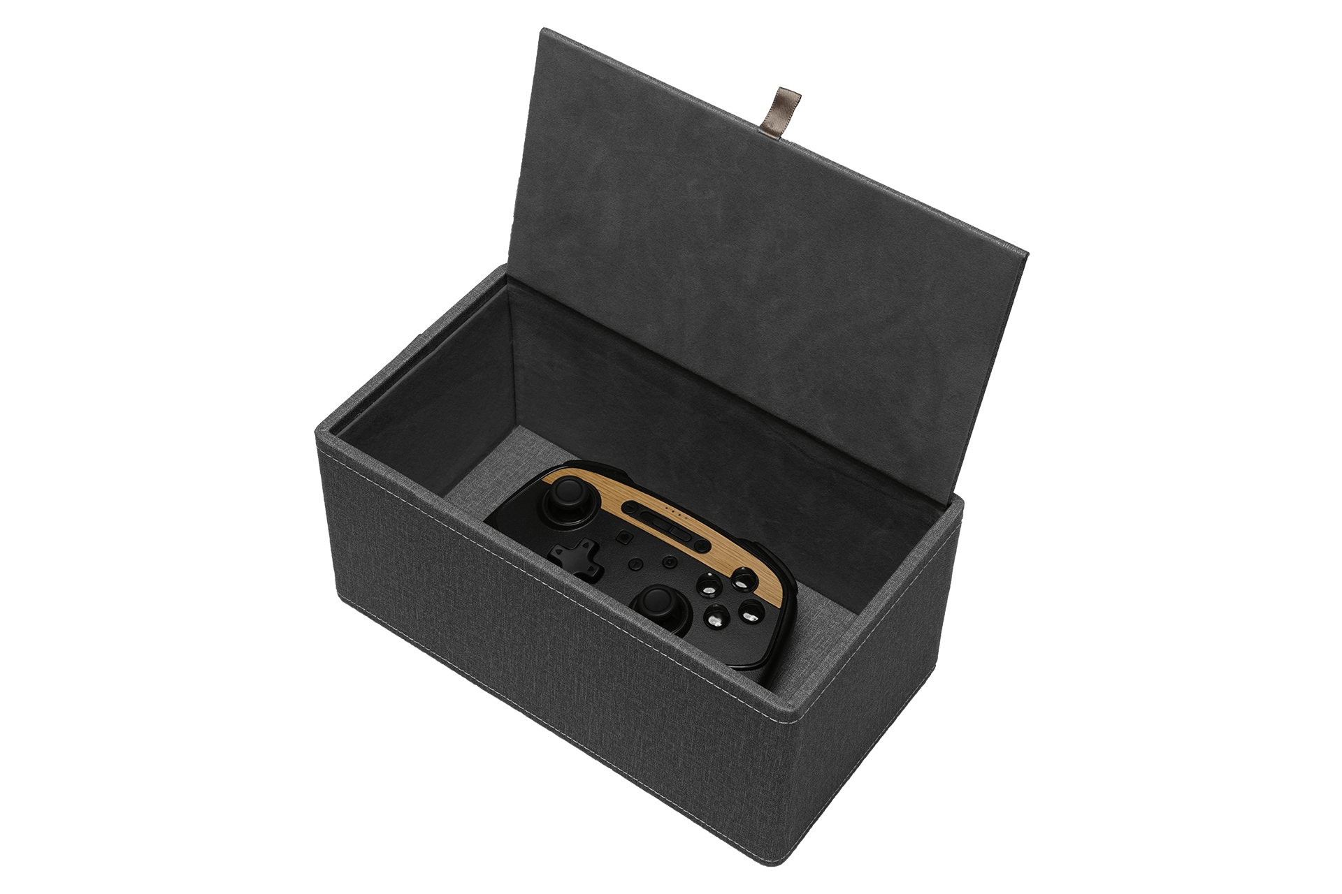 A JOWUA gaming controller in black and brown is nestled within the elegantly designed Tissue & Storage Box. Crafted with a premium fabric-like texture and featuring a small pull tab on the lid, this gray box offers versatile storage solutions for all your gaming needs.