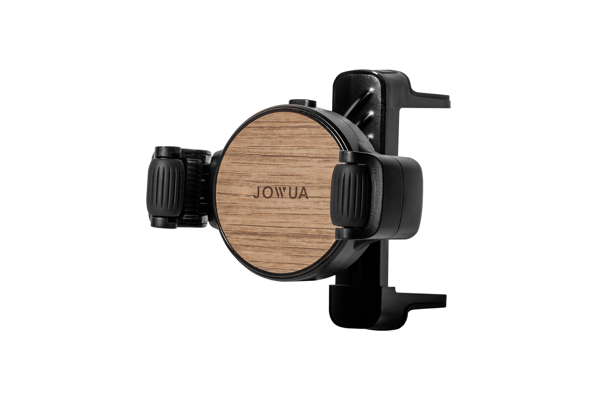 The "Universal Air Vent Car Mount" by JOWUA is a black phone holder that features a wood-patterned front and is designed for air vent mounting. It includes adjustable clamps on both sides for a secure fit with different phone sizes, and allows 360-degree rotation for optimal viewing angles.