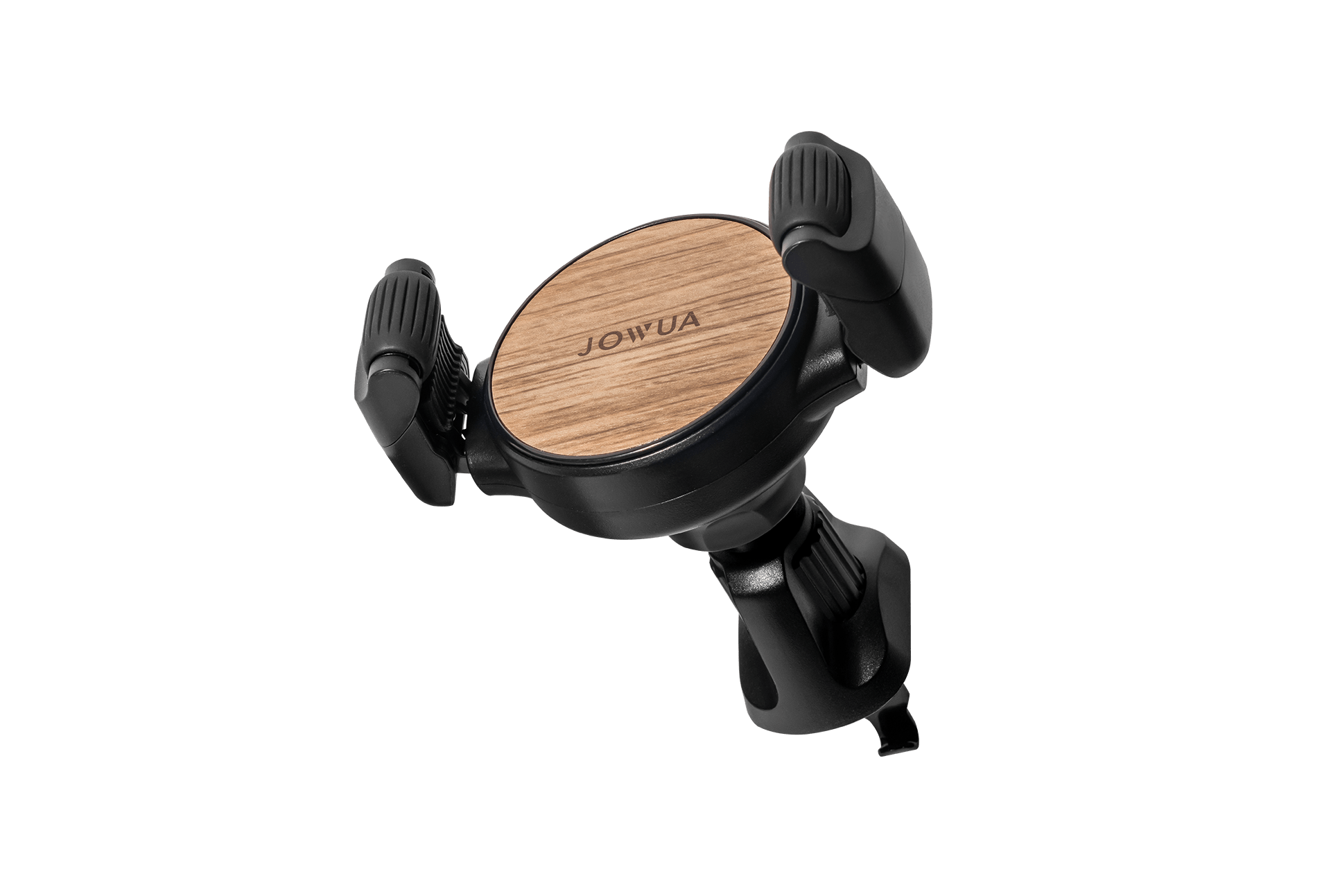 The JOWUA Universal Air Vent Car Mount is a black and wooden phone holder featuring adjustable clamps and a branded circular back. It includes a 360-degree rotation mechanism for secure attachment to surfaces, ideal for holding phones securely.