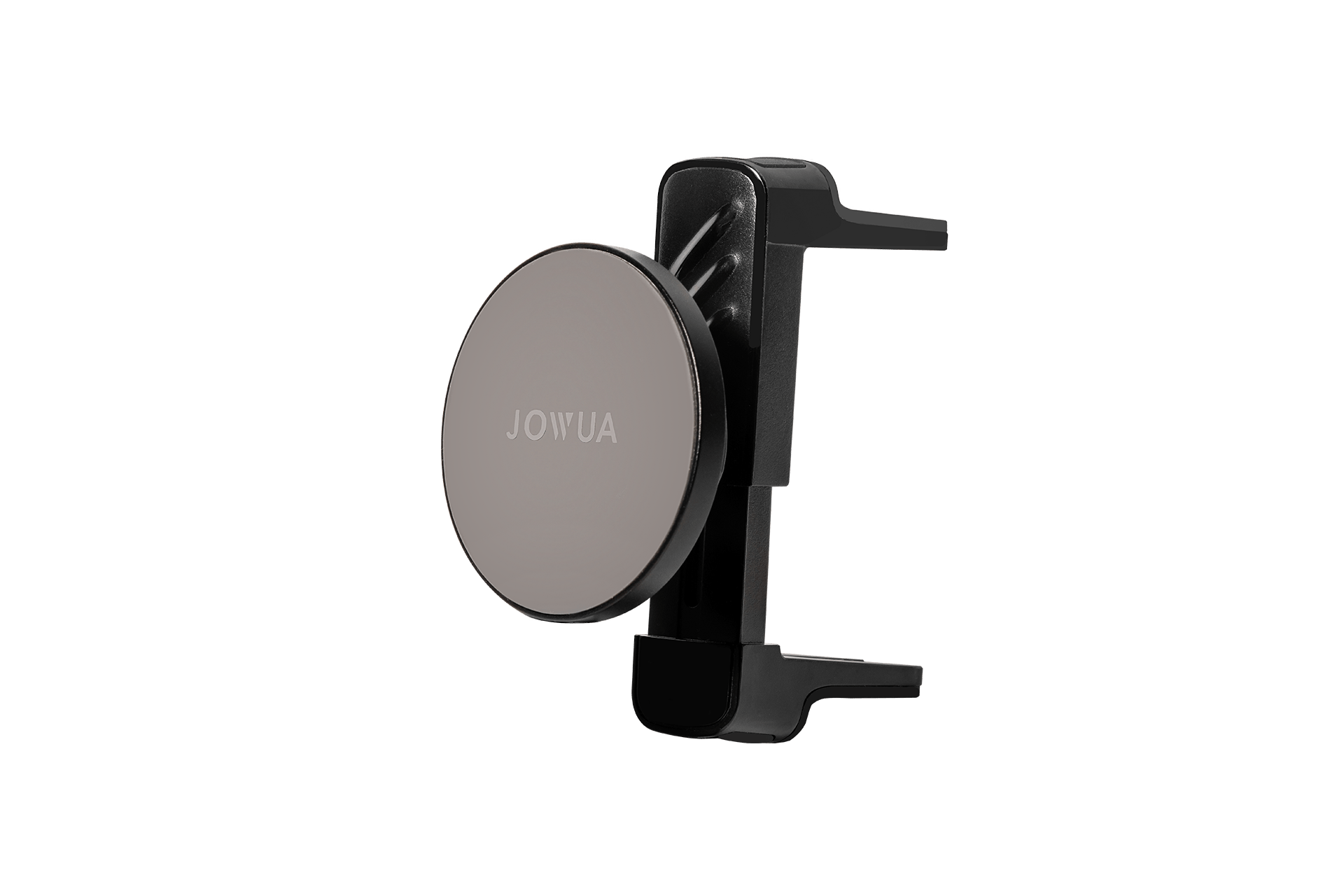 The JOWUA Universal MagSafe Car Mount for Air Vents is a black car phone holder featuring a round gray face and adjustable arms. It offers seamless MagSafe compatibility, making it perfect for secure attachment to your car’s air vent and effortless on-the-go charging.