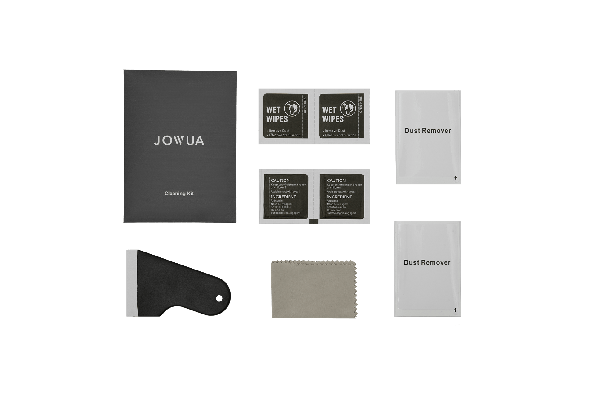 Image of a JOWUA screen cleaning kit, including two wet wipes, two dust remover sheets, a microfiber cloth for crystal-clear results, a caution card, and a branded black card.