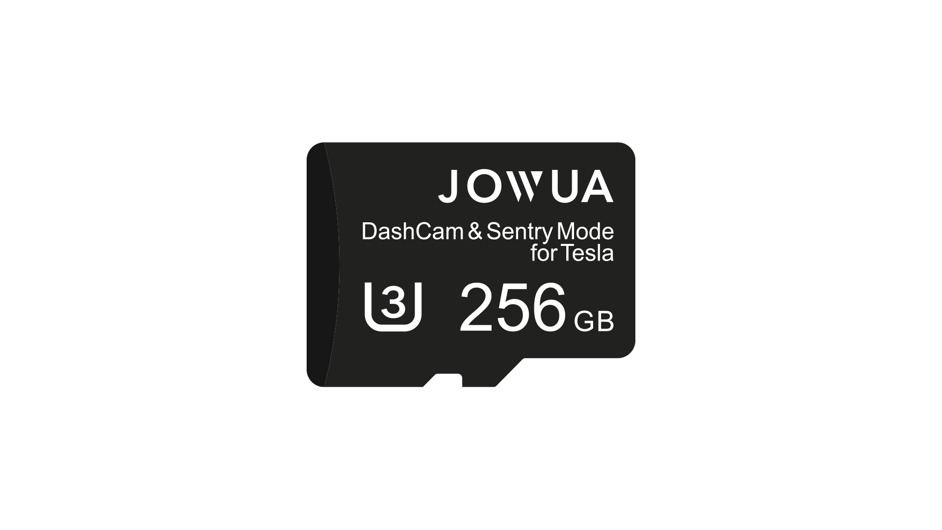 An image of a 256 GB microSD card labeled "JOWUA MicroSD Memory Card 256G/512G for Tesla" on a sleek black background, designed to enhance your Tesla DashCam experience with its high storage capacity and ECC function for reliable performance.