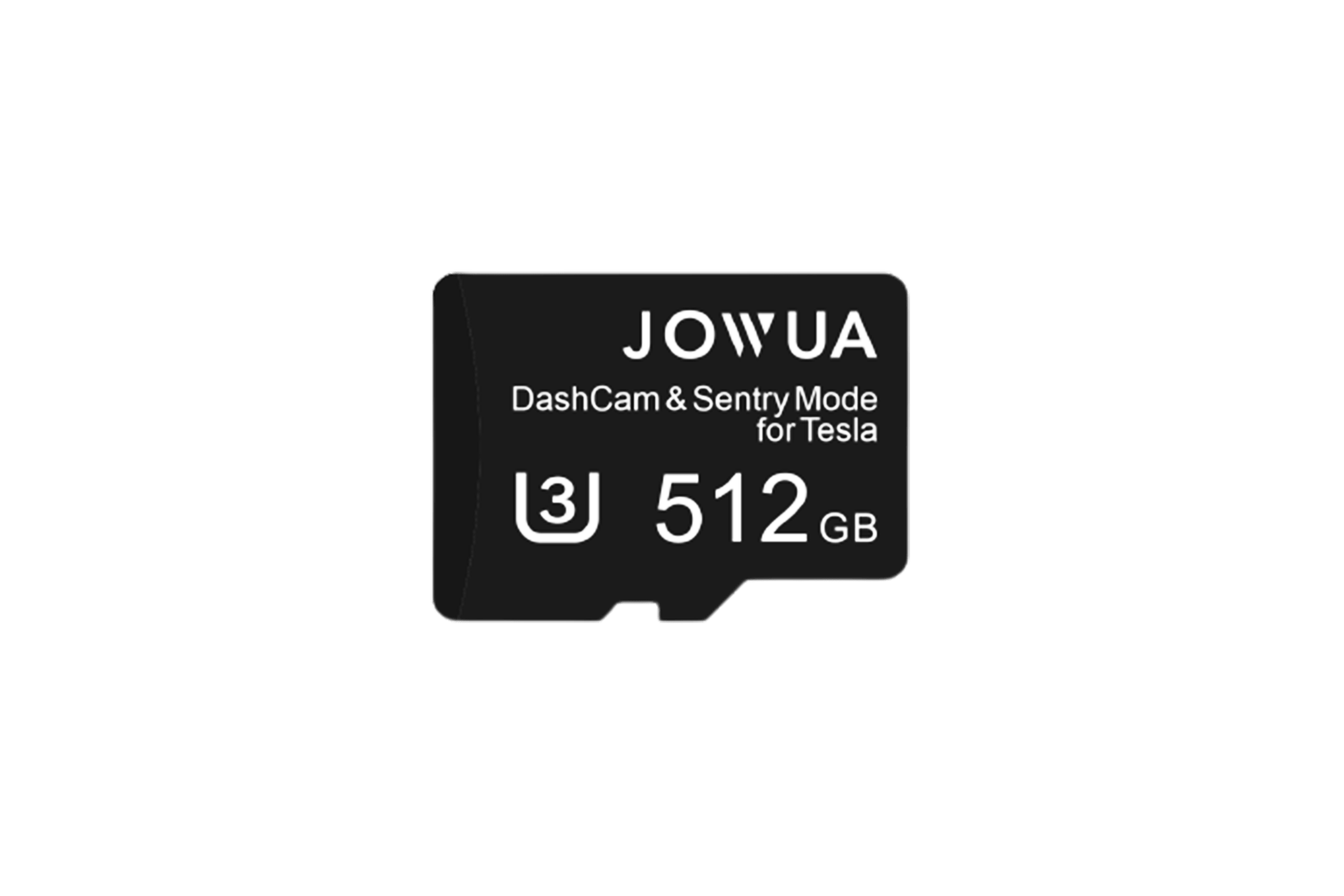 A black 512 GB microSD memory card from JOWUA, labeled as "MicroSD Memory Card 256G/512G for Tesla" with a U3 speed class symbol, is designed to provide reliable support for Tesla DashCam and Sentry Mode.