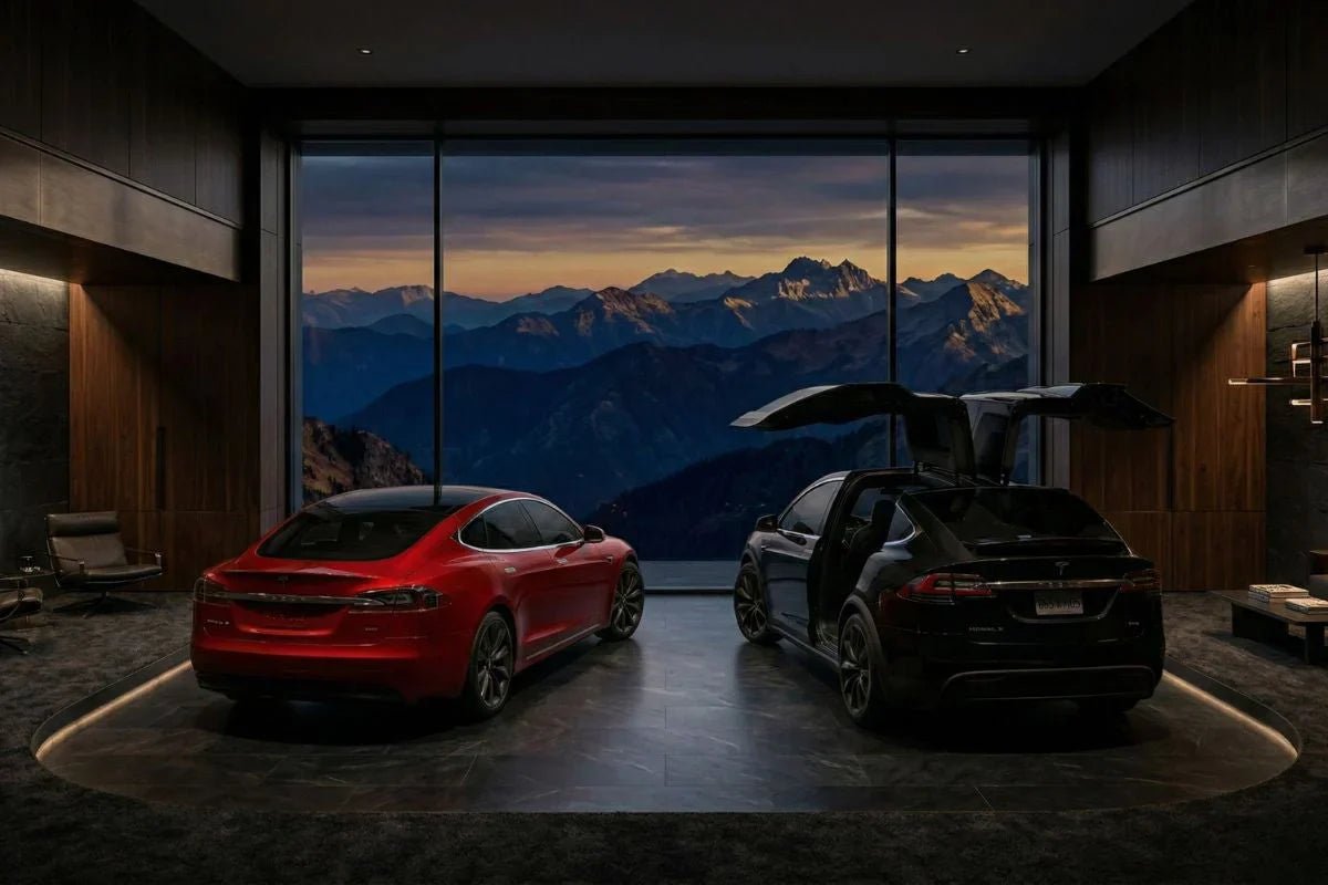 Two Tesla cars, one red and one black with its falcon doors open, are parked indoors in a modern room with large windows overlooking scenic mountains at sunset.