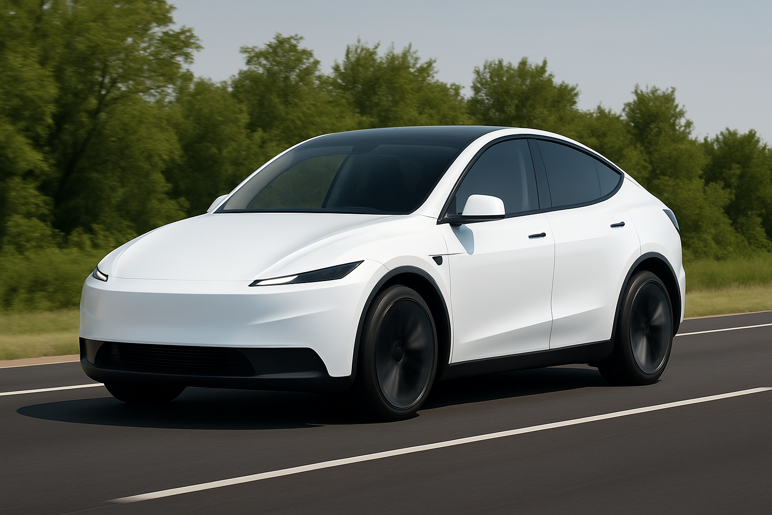 A white electric car with tinted windows drives on a highway with green trees in the background under a clear sky.