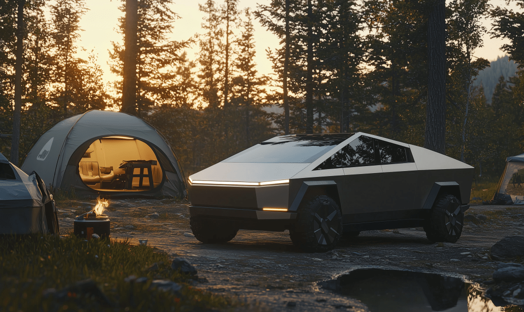A futuristic, angular car is parked near a glowing tent in a forested area during sunset. A small campfire burns nearby, with trees silhouetted against the sky.