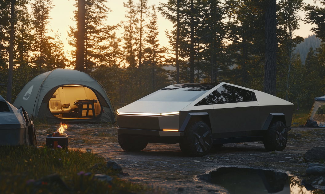 A futuristic, angular car is parked near a glowing tent in a forested area during sunset. A small campfire burns nearby, with trees silhouetted against the sky.
