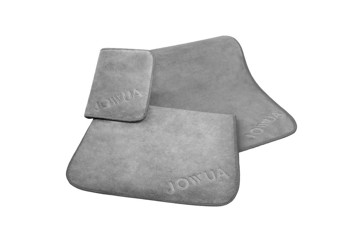 Three JOWUA grey microfiber cleaning cloths, part of the Under Seat Collapsible Organizer & Microfiber Cleaning Cloth Combo, are displayed on a plain light background.