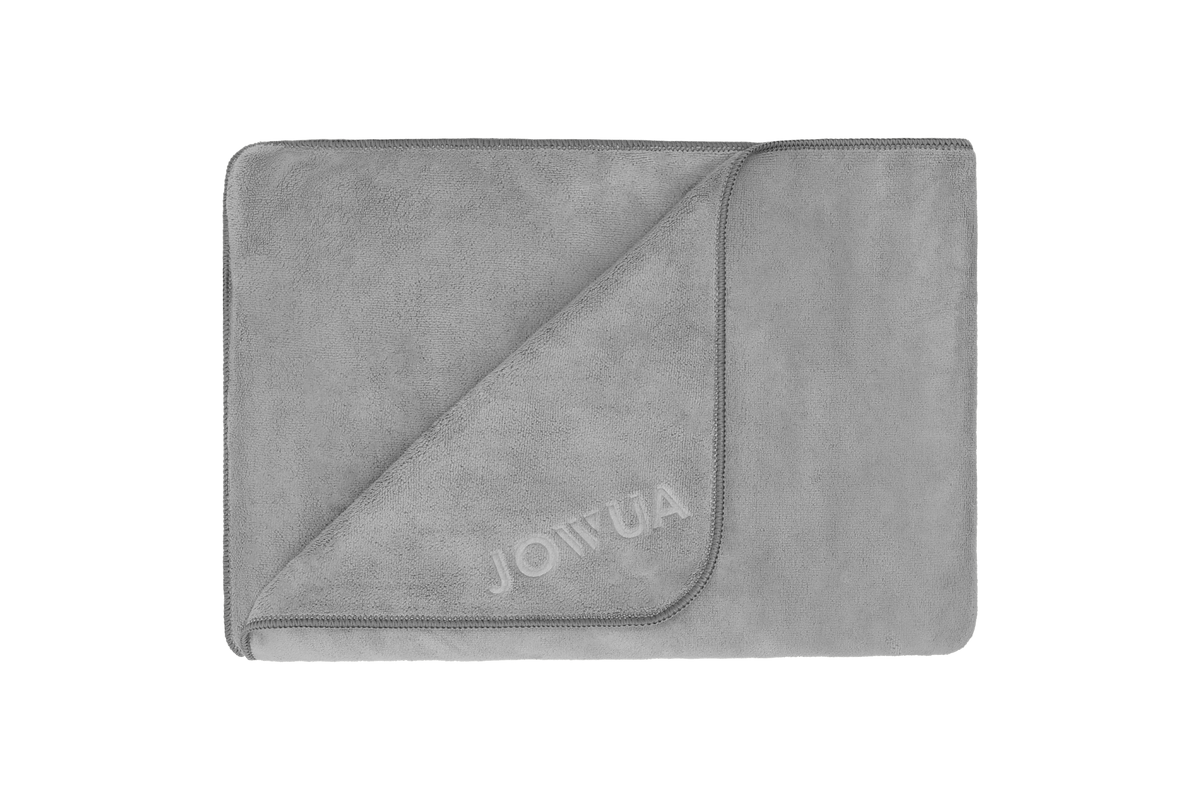 The JOWUA Under Seat Collapsible Organizer & Microfiber Cleaning Cloth Combo features a gray cloth with stitched edges, folded to show both sides and embroidered with 
