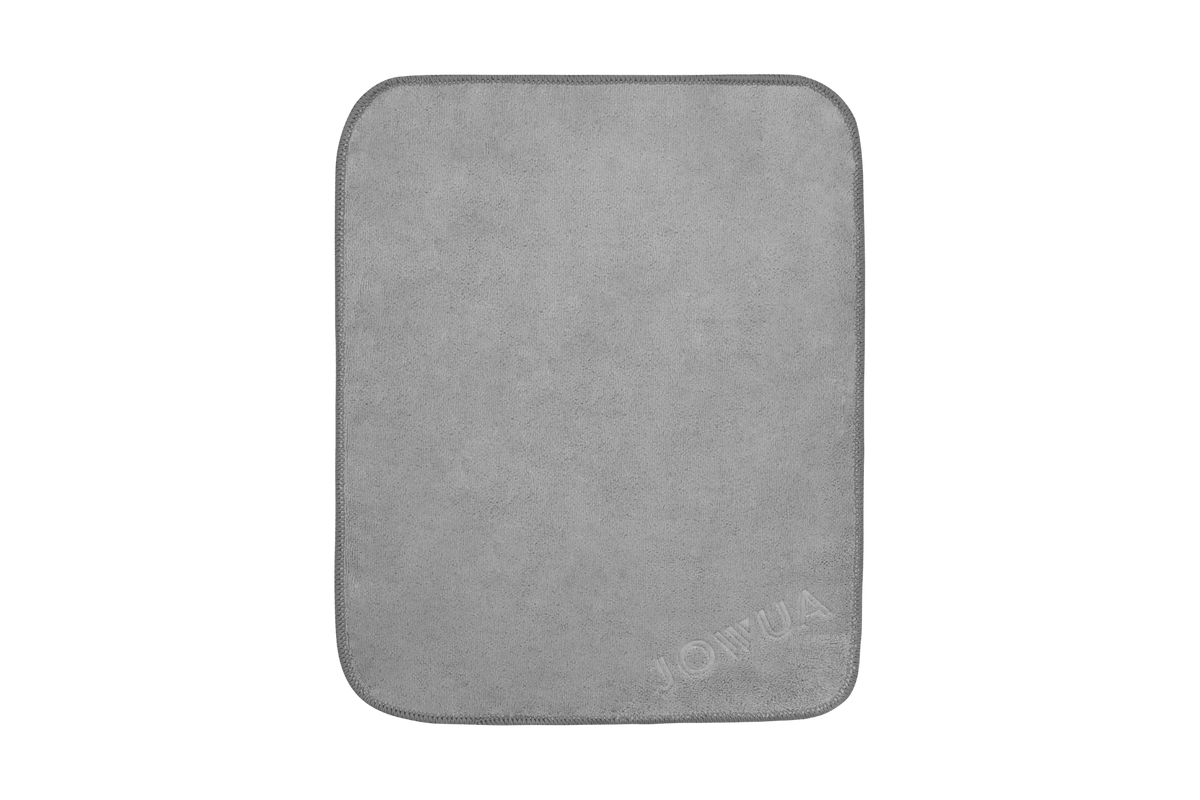 A rectangular light gray microfiber cleaning cloth with rounded corners and the 