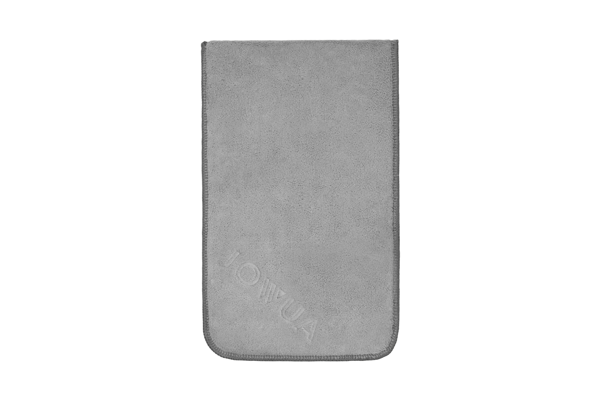 A light gray, rectangular microfiber cleaning cloth with rounded corners and stitched edges, embossed with 