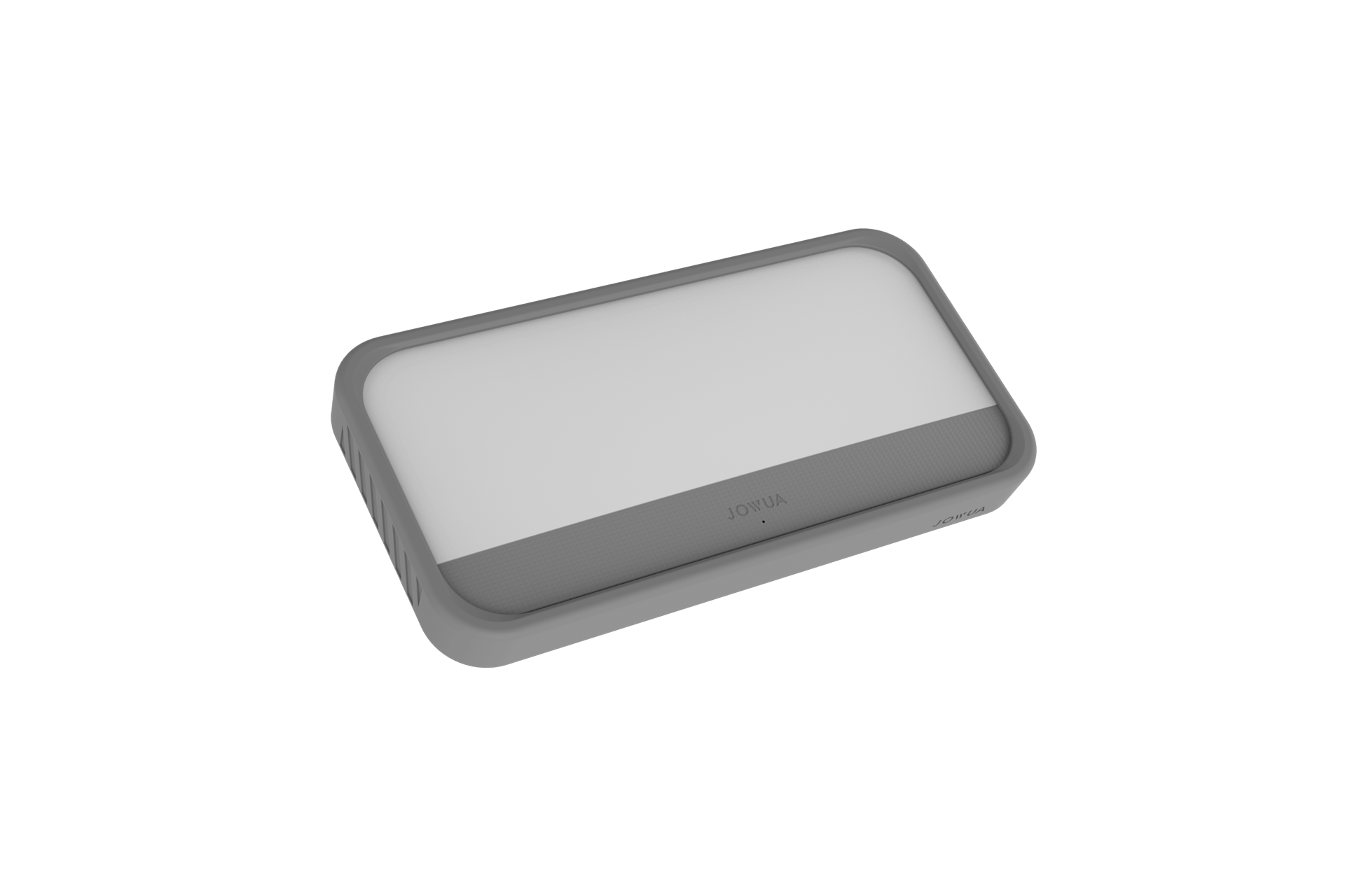 A rectangular, gray and white electronic device with rounded edges, featuring the brand name “JOWUA” on the front. The surface appears smooth, and the minimalist design incorporates MagSafe wireless charging functionality for added convenience, as well as an LED light with a light stencil set.