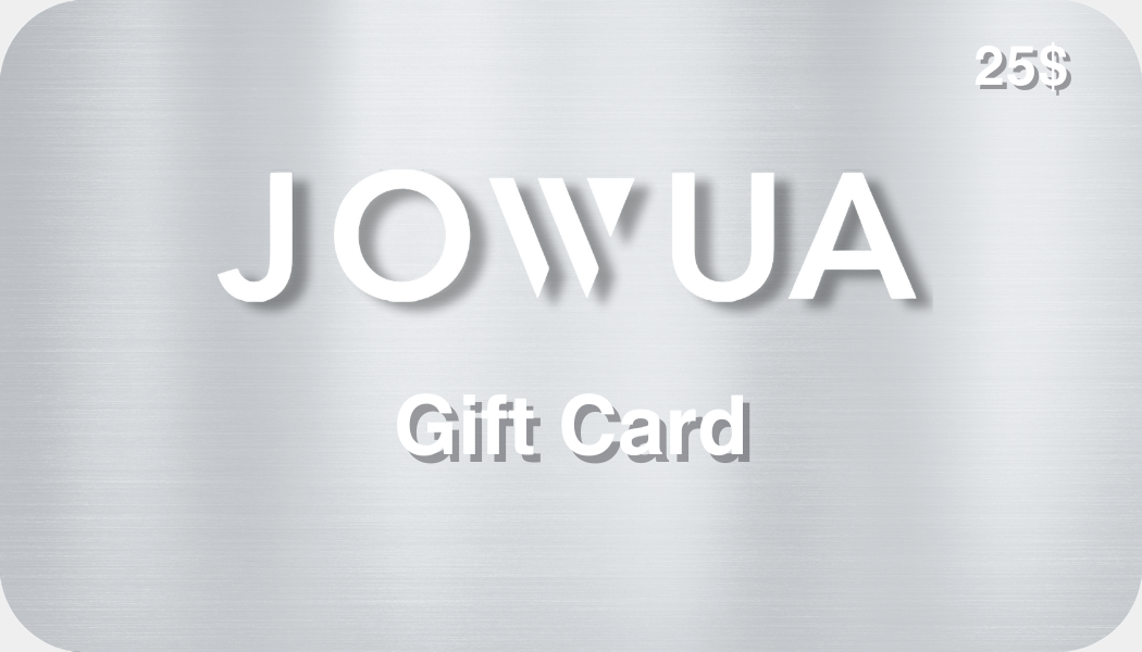 A sophisticated Jowua Gift Card showcases "JOWUA" prominently in bold white letters on its sleek silver surface. Below, the words "Gift Card" are elegantly scripted, with "$25" glistening in the top right corner, making it an ideal choice for discovering inventive accessories and tech gadgets.