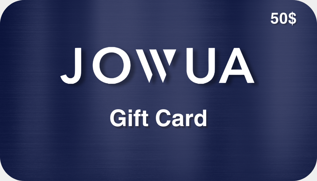 A stylish Jowua Gift Card, presented in a dark blue design with the brand name "JOWUA" elegantly displayed in white. It's perfect for purchasing cutting-edge tech gadgets or unique accessories. The card holds a $50 value prominently shown in the top right corner, making it an excellent choice for any technology enthusiast.