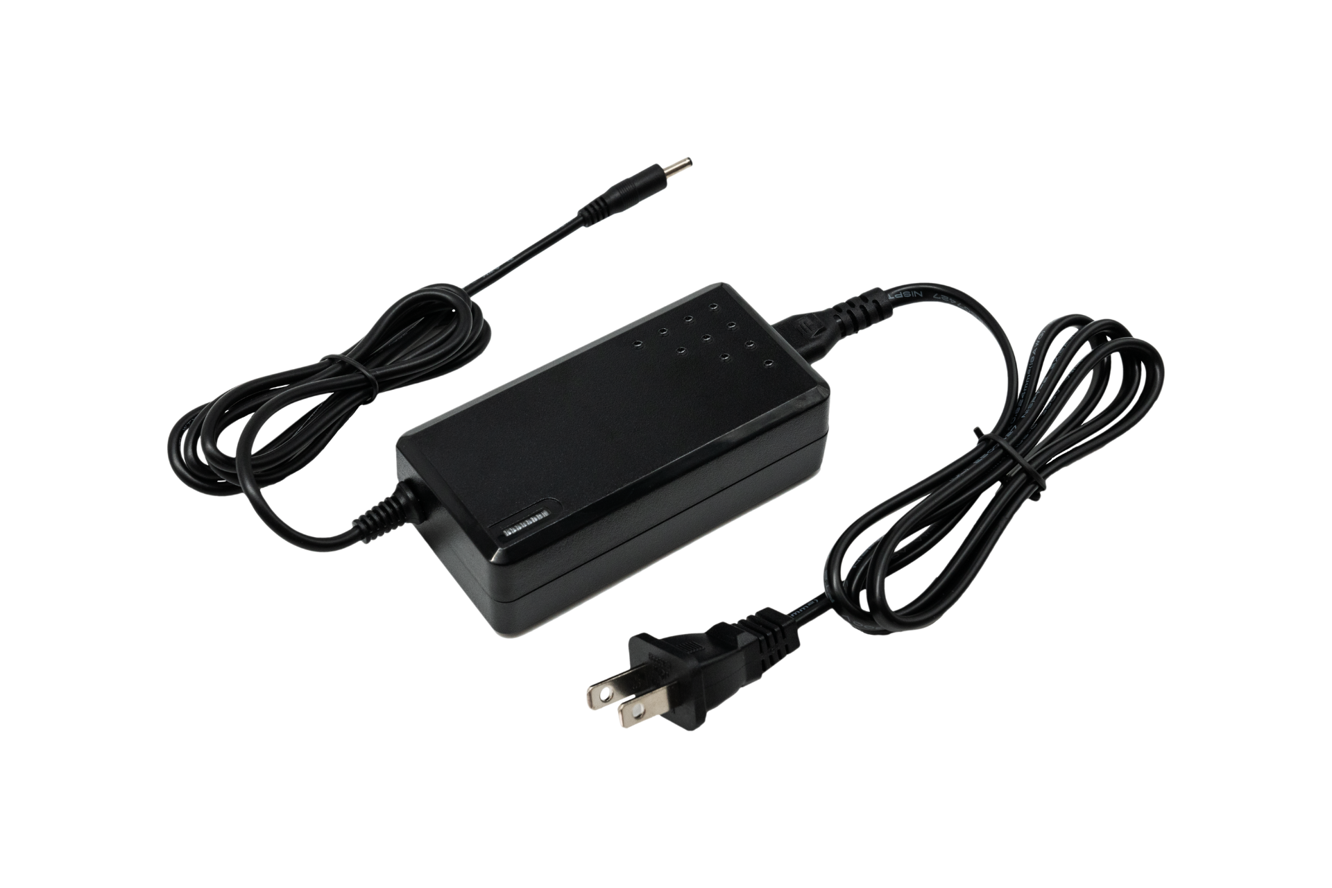 The JOWUA 84W Charger for Folding Electric Scooter features a rectangular power adapter, two-prong plug, long device cable, and standard outlet cord. For more info, check the FAQ section.