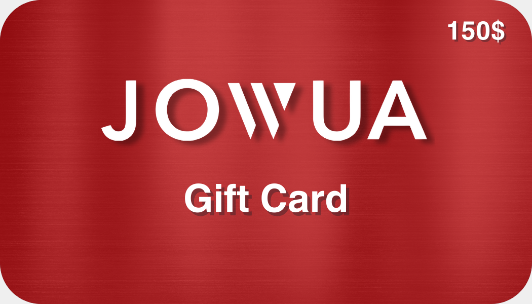 A Jowua Gift Card, featuring the brand name "JOWUA" and "Gift Card" in stylish white lettering on a red backdrop. In the upper right corner, the $150 value stands out—a perfect present for anyone interested in cutting-edge accessories.