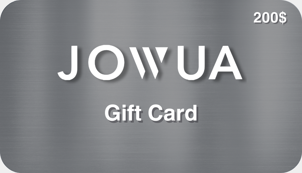 The Jowua Gift Card features a sleek, metallic design, with the brand name "JOWUA" prominently displayed in bold white lettering above "Gift Card." In the top right corner, it showcases a value of "$200," making it an ideal choice for discovering innovative accessories.