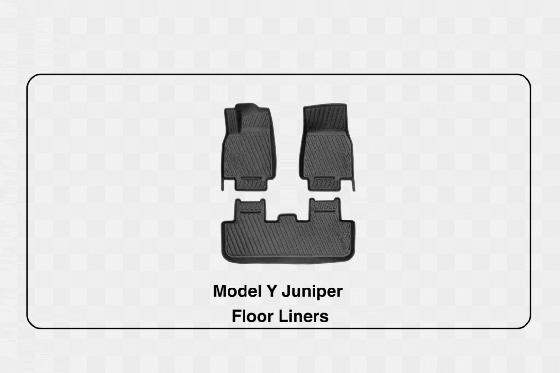 Three black JOWUA floor liners from the "Jowua All-in-One Interior Upgrade Set – Model Y Juniper (2025+)" are shown on a white background, with "Model Y Juniper Floor Liners" displayed below as premium accessories.