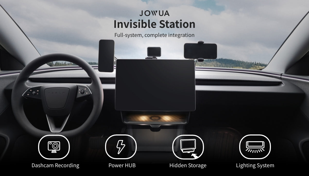 A Tesla dashboard with a mounted screen showcases the JOWUA Under Screen Invisible Station, featuring Dashcam Recording, Power HUB, hidden storage, and Lighting System icons for enhanced functionality.