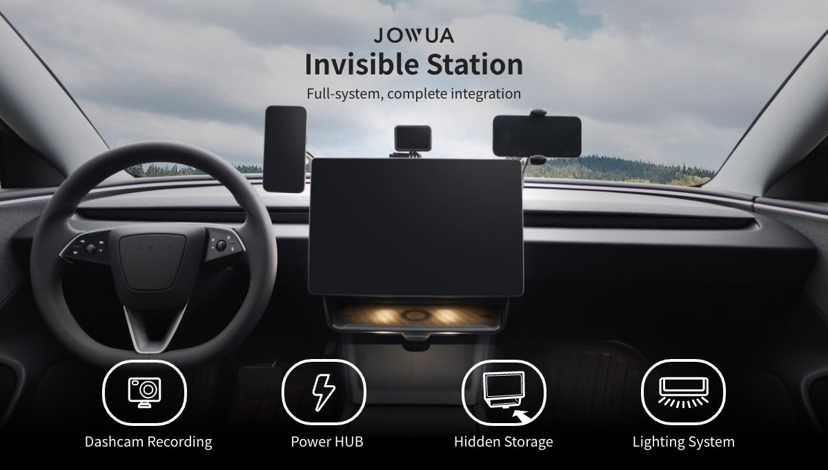 Modern car dashboard with multiple devices—dashcam, power hub, hidden storage, lighting—all seamlessly integrated in a minimalist design. Text displays: “JOWUA Under Screen Invisible Station Model 3 Highland (2024+)/Y Juniper (2025+).”.