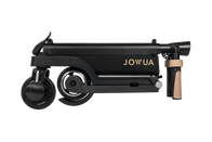 Introducing the Folding Electric Scooter (Long Range) for Tesla (S3XY) by JOWUA. This sleek black scooter is compact and foldable, featuring a detachable battery for convenience and portability. It comes equipped with a side stand, rear wheel, and boasts brown grips on the handlebar. The brand name "JOWUA" is elegantly printed in gold on its body.